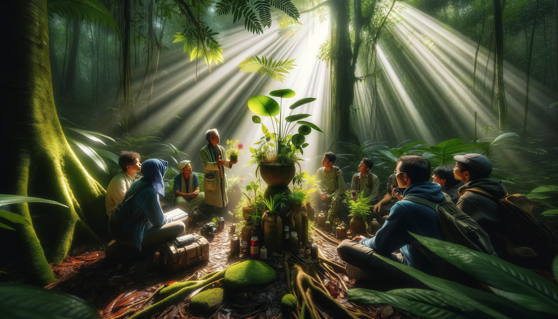 Experienced ethnobotanist sharing insights on plant medicine with students in a jungle clearing, illuminated by mystical shafts of light. Holding exotic plants, the scene embodies adventure and discovery, highlighting the rich biodiversity and ancient knowledge of the jungle. This image captures the reverence for plant medicine, inviting viewers into the wonder of natural world insights