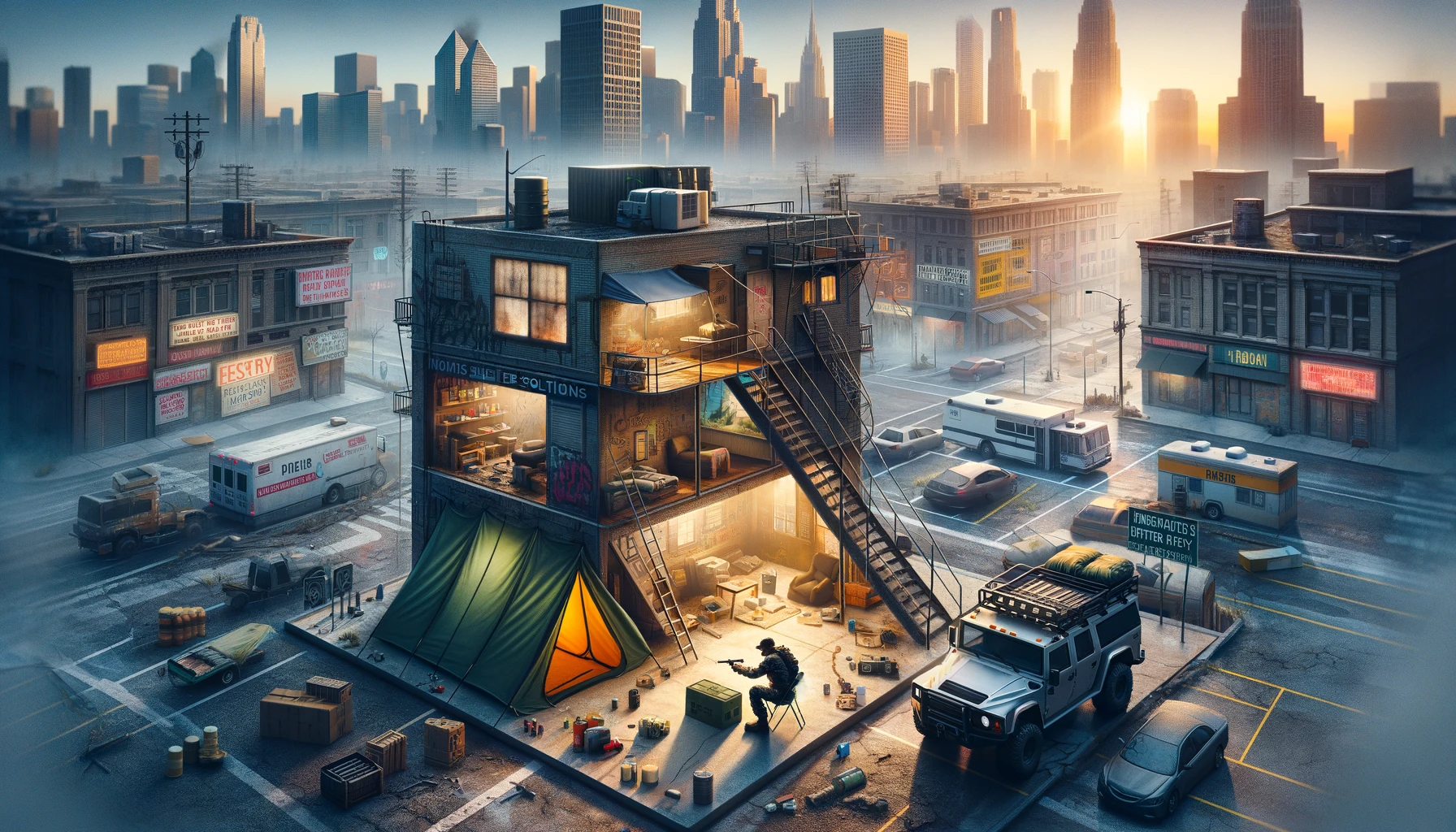 Prepper utilizing innovative shelter solutions in an urban emergency, with modified vehicles and makeshift tents against a cityscape reflecting urgency and adaptability