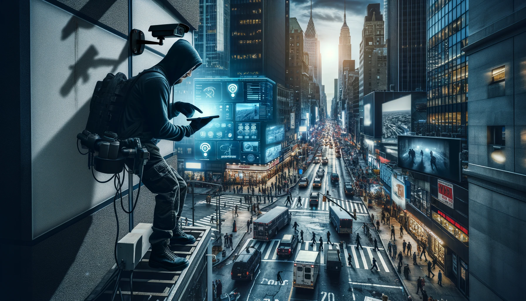Urban prepper using surveillance technology and vigilance to assess risks in a bustling city, emphasizing situational awareness and security preparedness