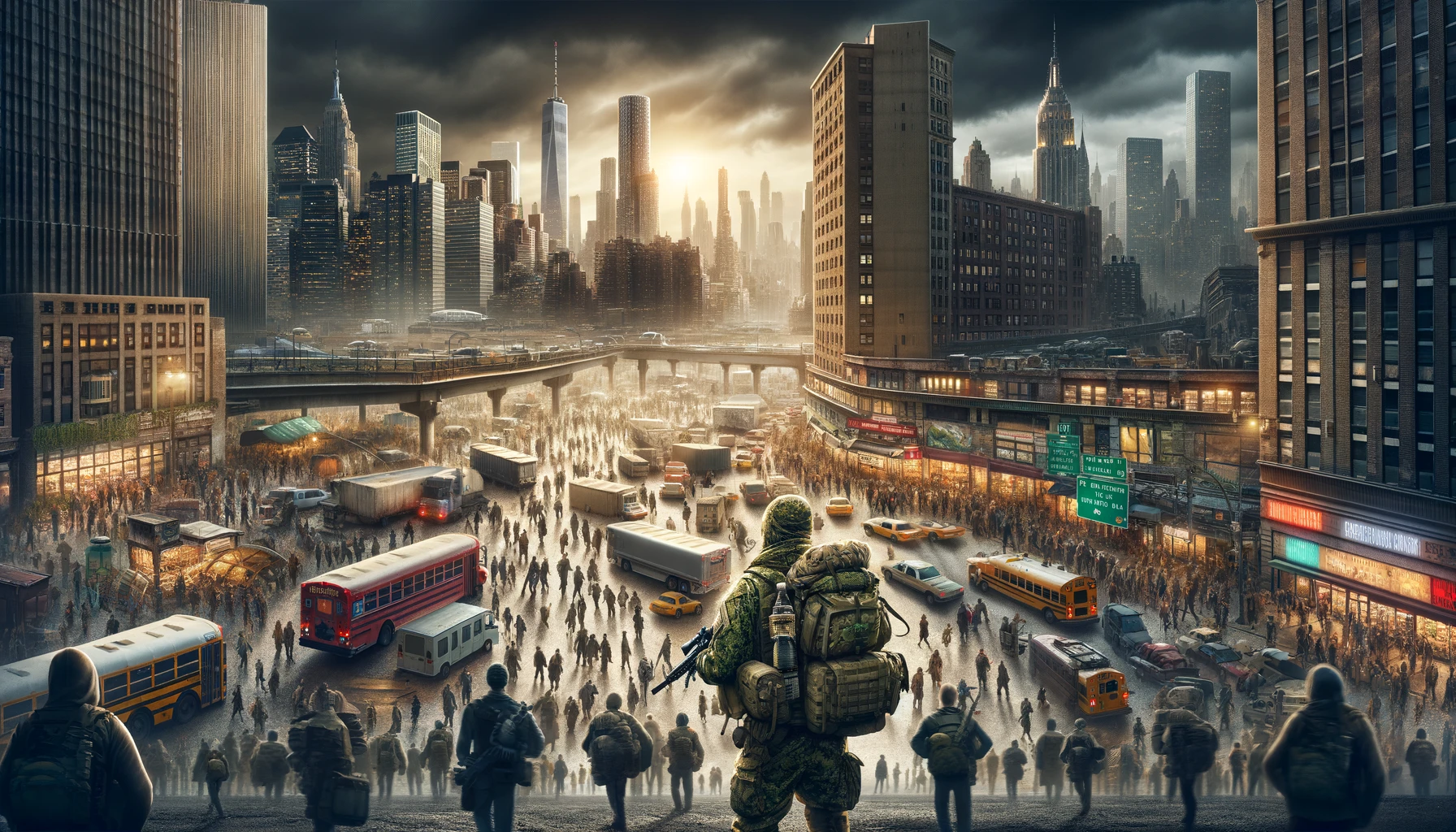 Prepper navigating the complexities of urban environments, from crowded spaces to limited resources, showcasing adaptability and urban survival skills against a dynamic city backdrop