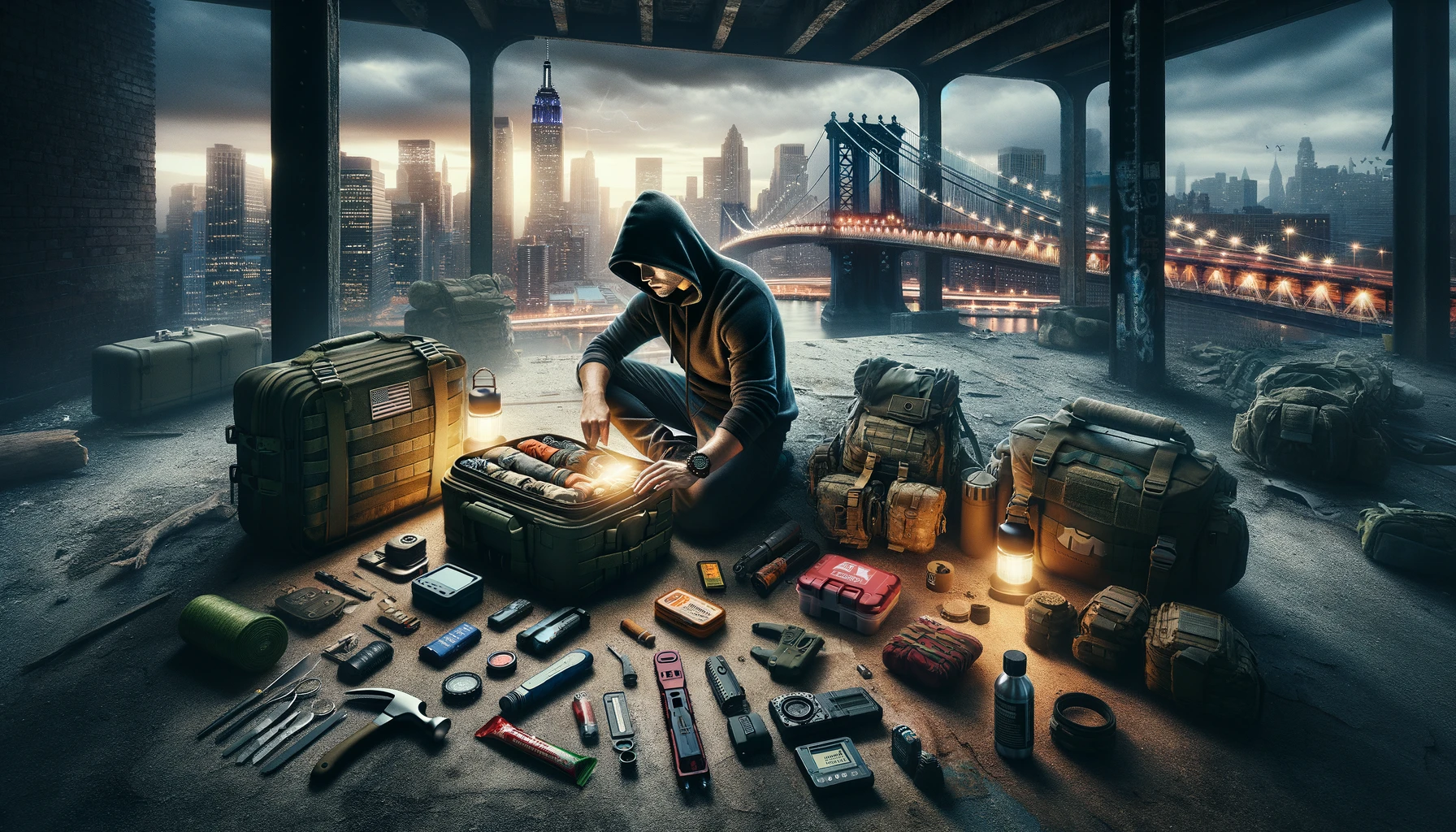 Prepper assembling an urban bug out bag with survival gear in an abandoned warehouse, showcasing strategic packing of advanced tools against the backdrop of urban decay and city lights, emphasizing preparedness and survival instinct