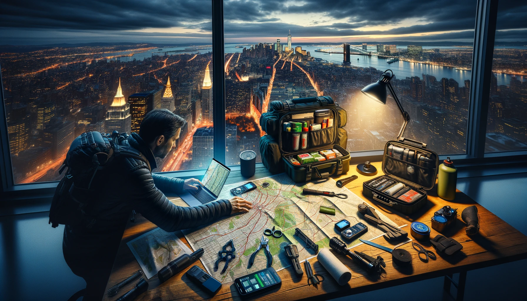 Urban prepper planning escape routes on a rooftop at dusk, with an open bug out bag showing essential gear for urban evacuation, emphasizing strategic planning and preparedness against a city backdrop