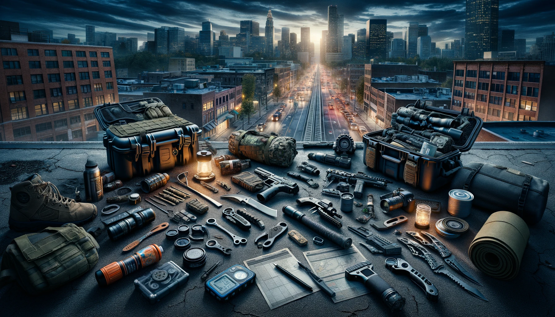 Prepper's survival gear meticulously arranged in an urban setting at twilight, showcasing advanced tools like water filtration system, multi-tool, and tactical flashlight, set against a cityscape, emphasizing urban readiness and high-quality equipment