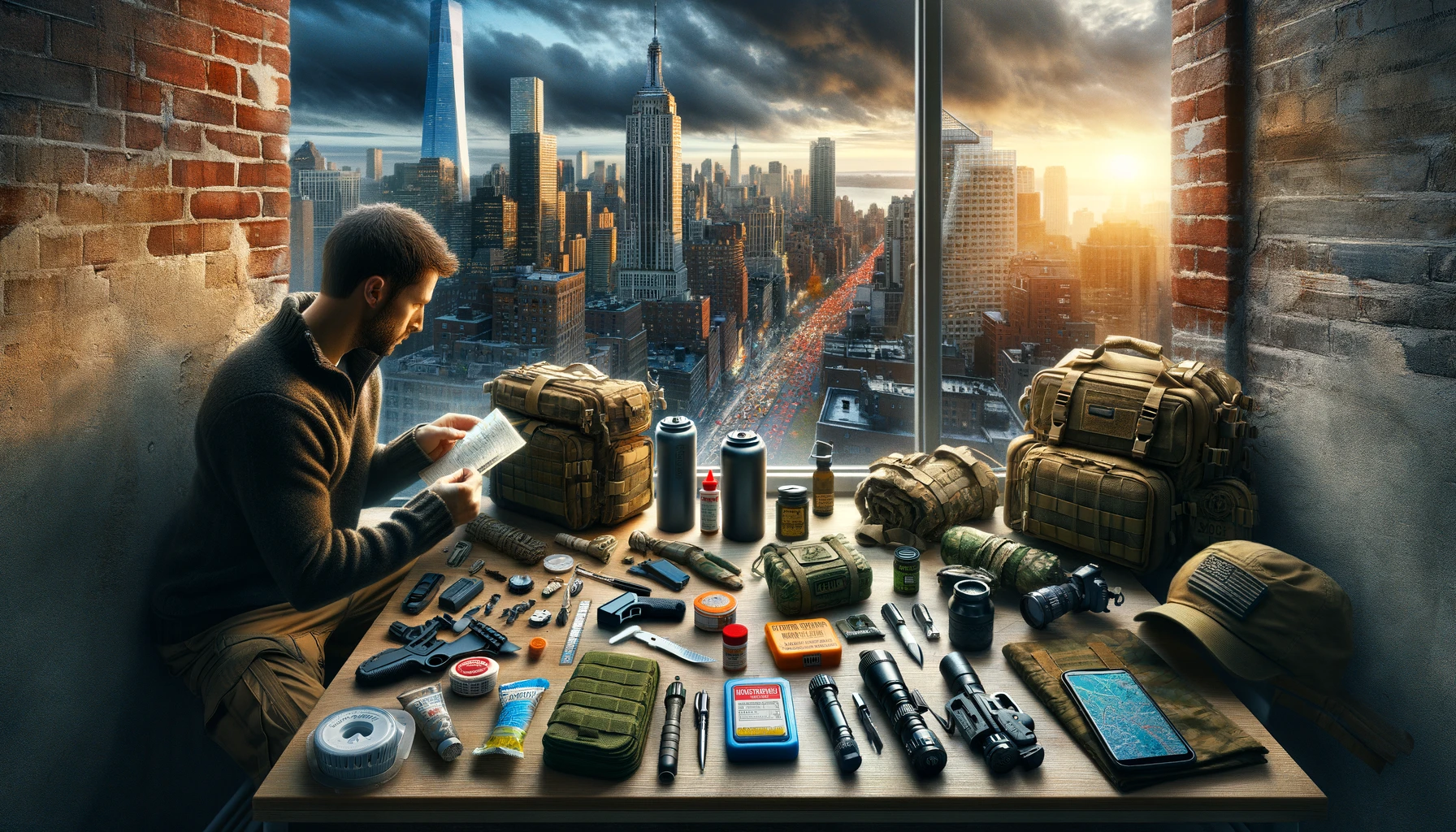 Prepper organizing an essential urban bug out bag in a high-rise apartment overlooking the city, with items like water filter, multi-tool, and maps laid out, emphasizing meticulous preparation for urban survival