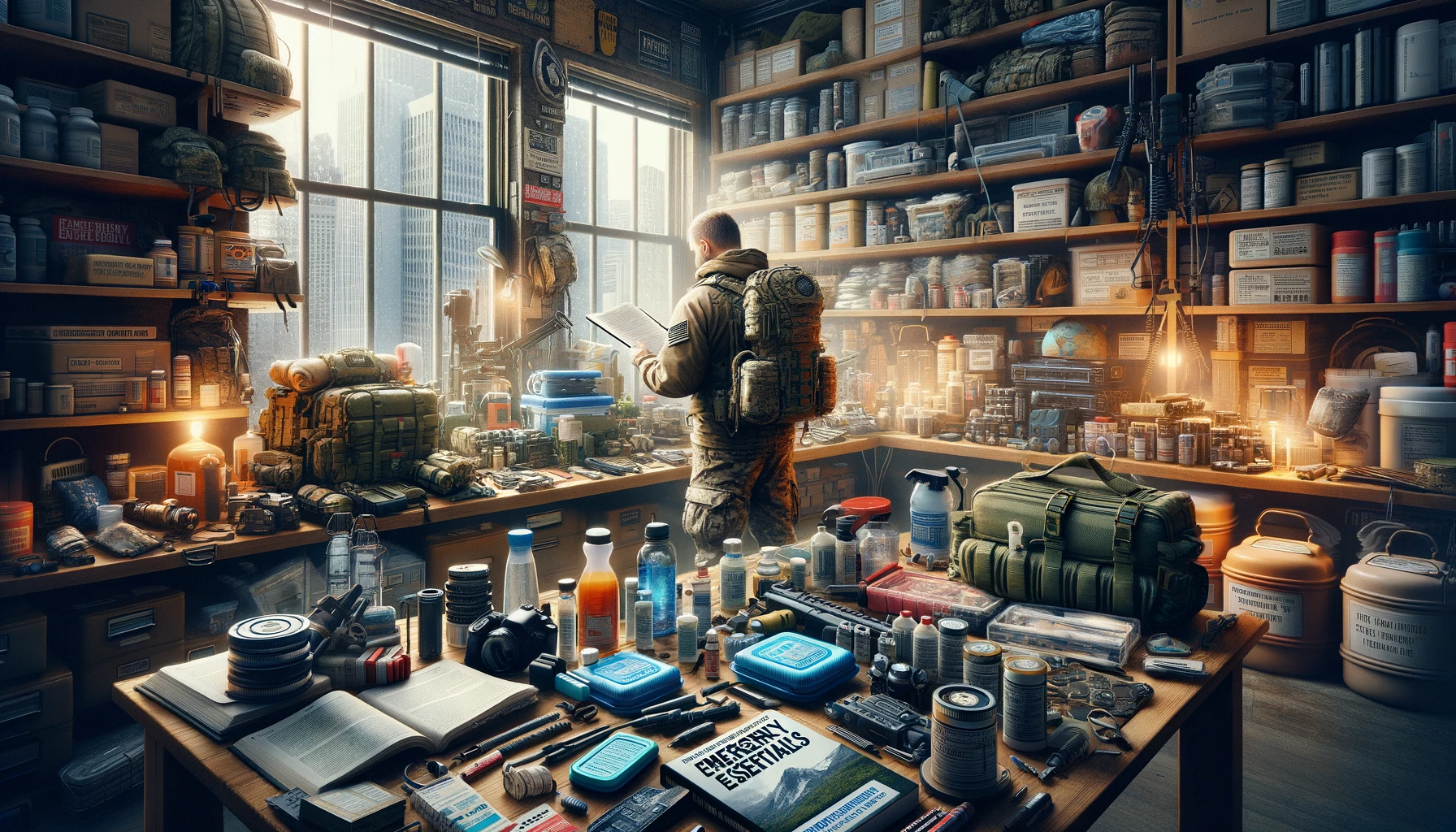 Individual in a prepper's workshop surrounded by emergency essentials and prepping materials, engaging with survival gear and manuals, demonstrating thorough preparation for any scenario, with an urban context in the background