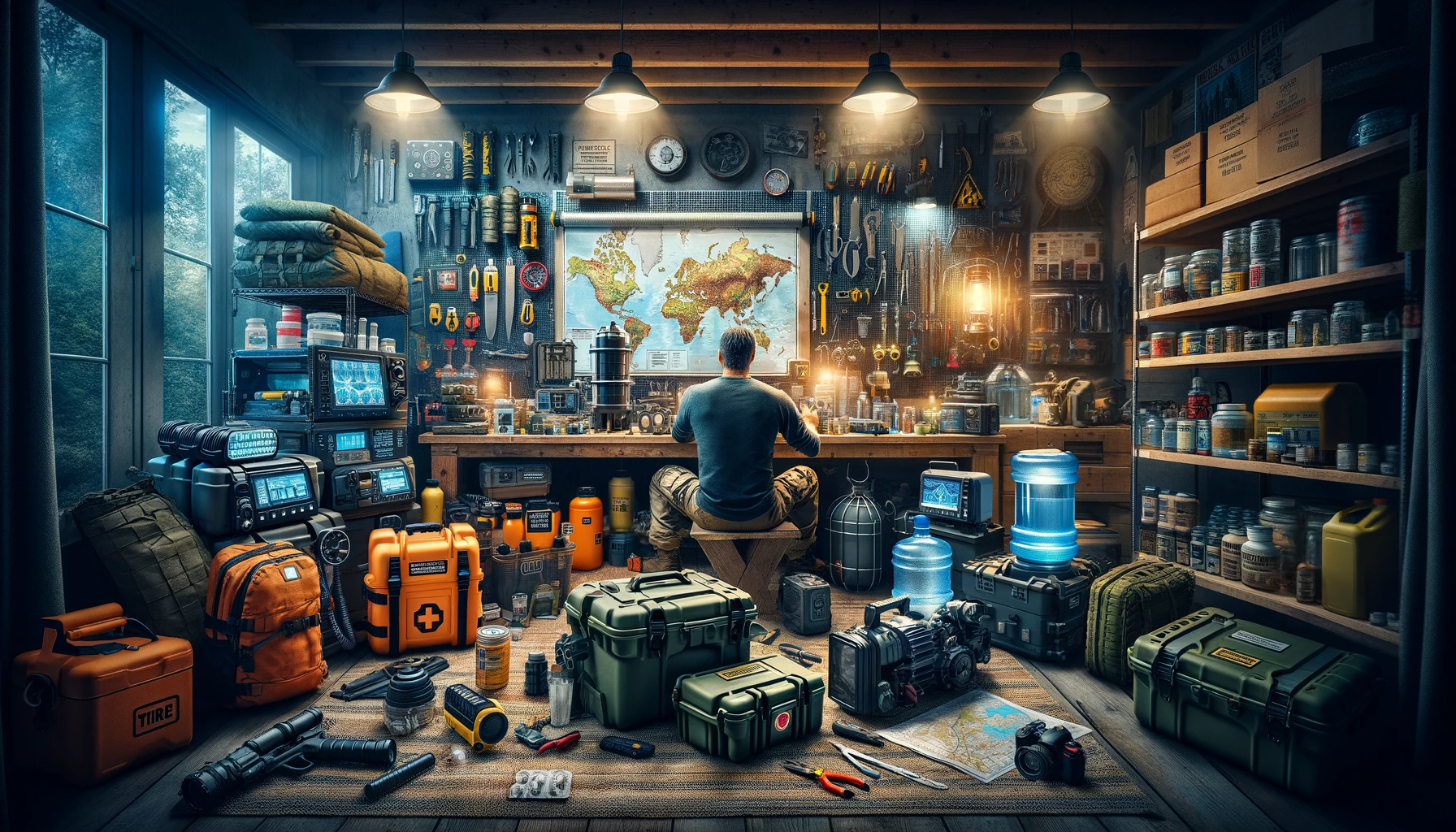 Prepper in a gear room filled with essential survival equipment, including water filtration, multi-tool, food supplies, medical kit, flashlight, radio, and maps, highlighting the importance of being prepared with must-have survival gear