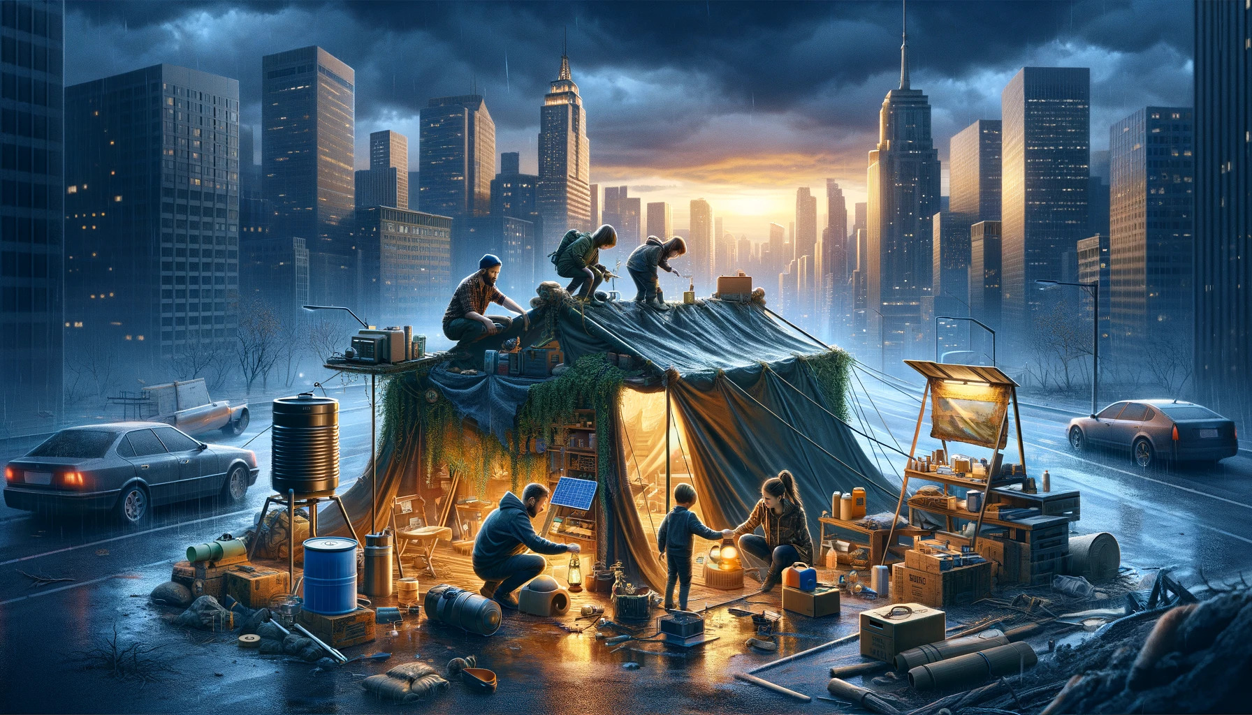 Family setting up a secure urban shelter with a makeshift tent, rainwater collection, solar power setup, and cooking area, highlighting teamwork and adaptability against a city at dusk backdrop, emphasizing survival strategies in urban settings
