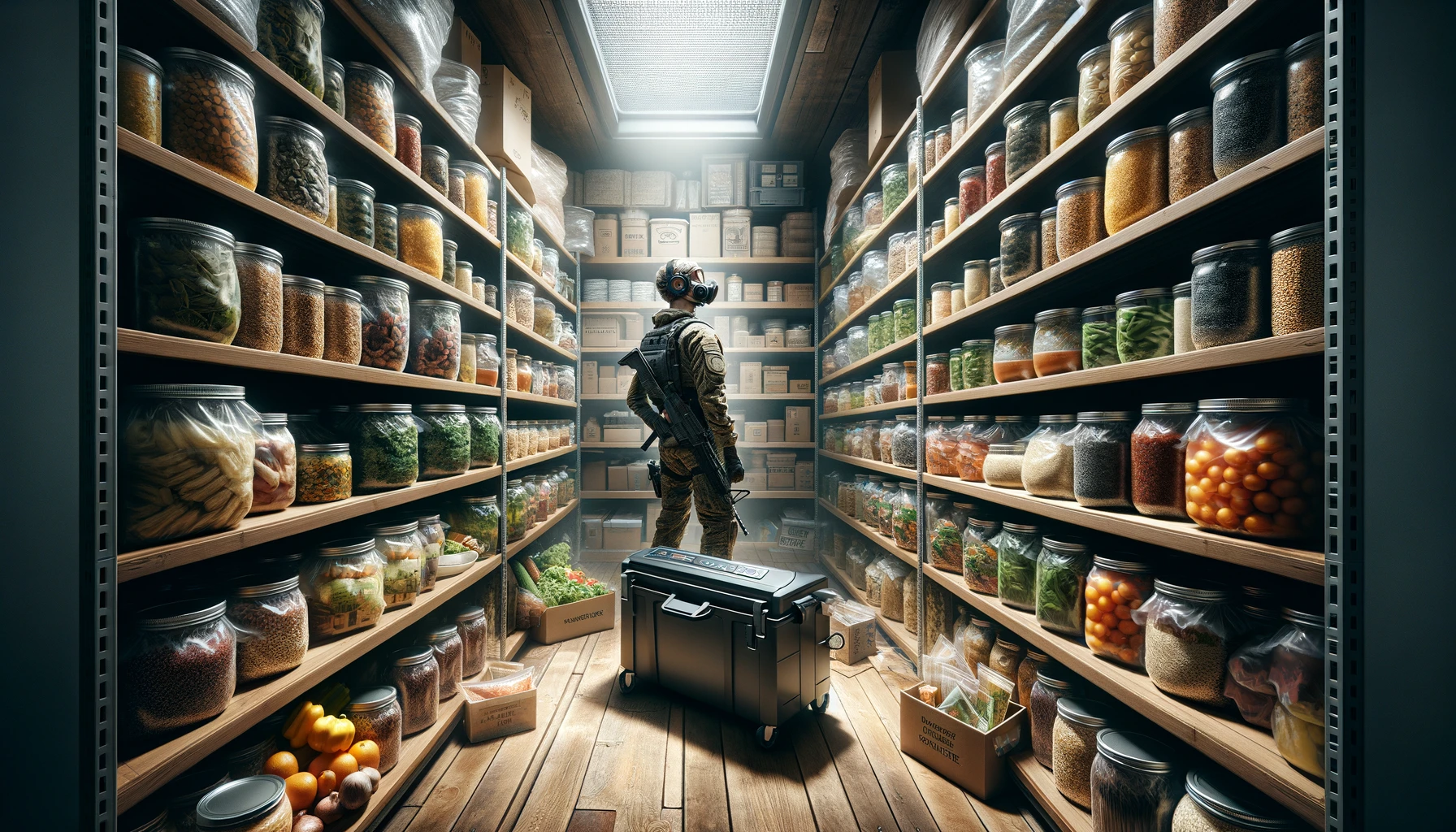 A storage room filled with shelves of vacuum-sealed foods, illustrating the benefits of extended shelf life and reduced waste, with a prepper inspecting the organized preservation results, emphasizing food security and sustainability