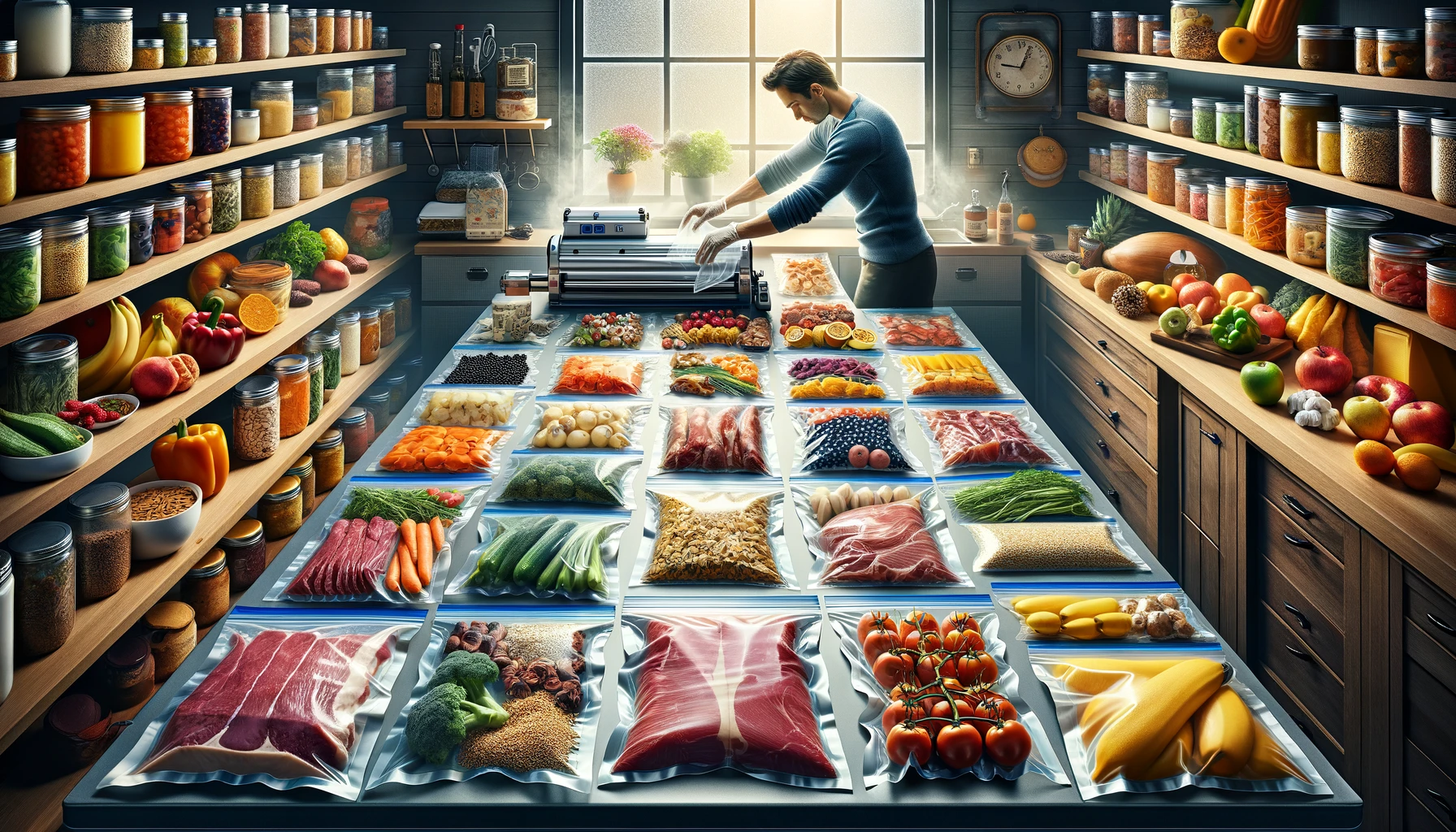 A kitchen scene showcasing a prepper preparing a wide variety of foods for vacuum sealing, including meats, fish, vegetables, fruits, and grains, highlighting the meticulous process of preservation to maximize freshness and extend shelf life