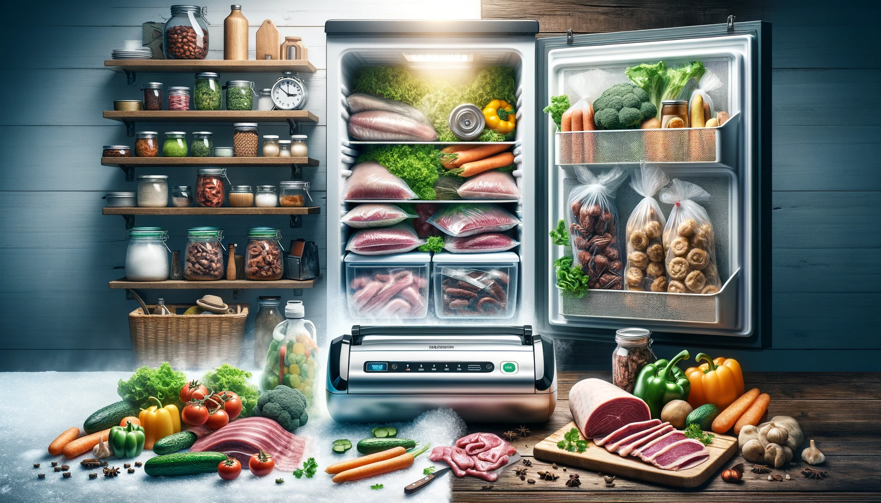 Prepper in kitchen using a vacuum sealer to prevent freezer burn, showcasing before and after examples of foods like meats and vegetables, illustrating the vacuum sealer's effectiveness in preserving food quality against the dry, discolored effects of freezer burn
