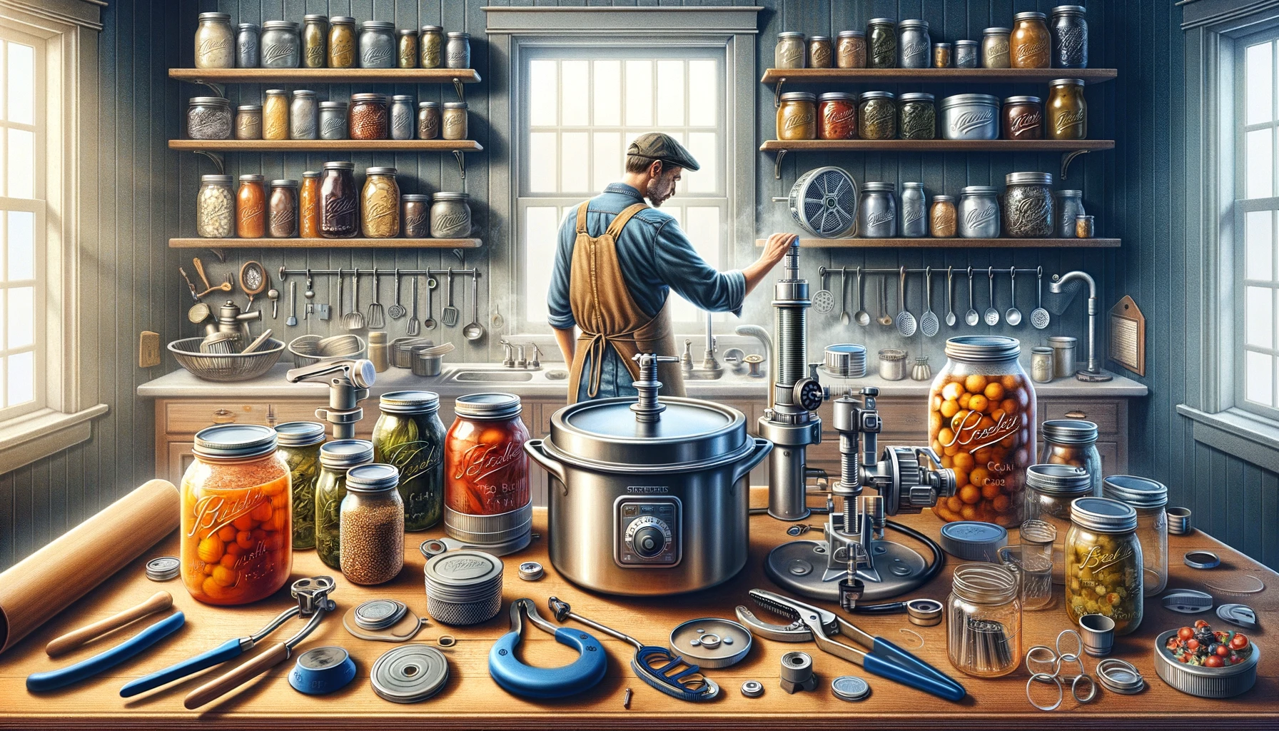 A well-equipped kitchen showcasing a variety of essential canning equipment, including jars, a water bath canner, and a pressure canner, with a prepper engaging with the tools, emphasizing the importance of the right equipment for safe and effective food preservation
