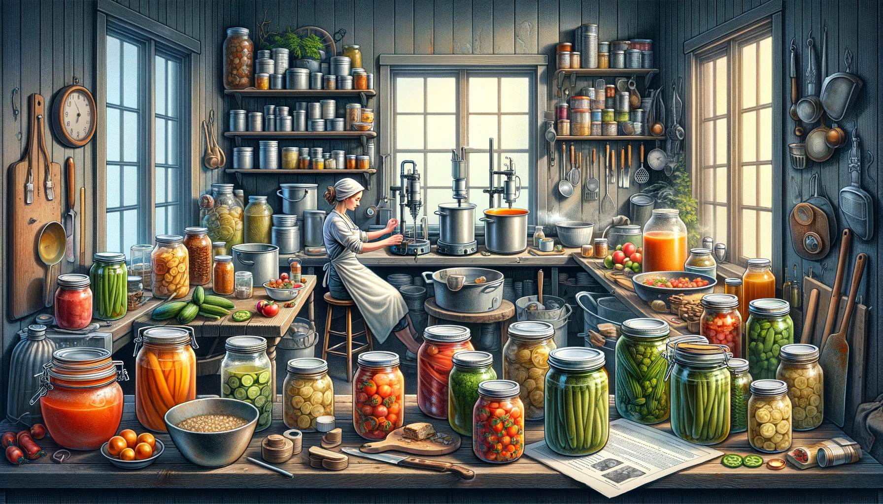 A detailed visual guide to the canning process in a kitchen, showing the sequential steps from food preparation to jar sealing, with a prepper demonstrating safety techniques and the use of various canning equipment, emphasizing the meticulous and satisfying journey of home food preservation