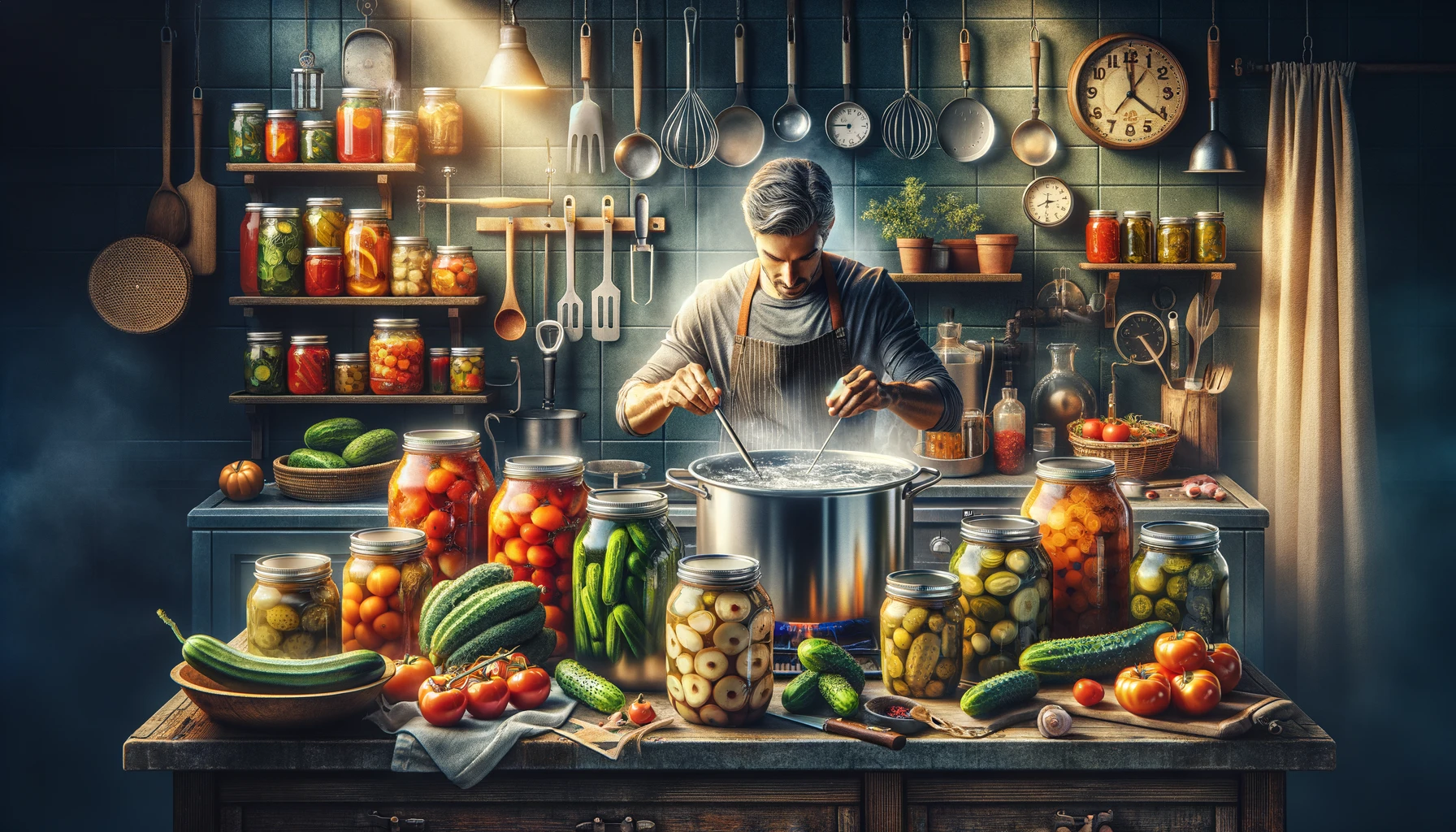 Experienced prepper using water bath canning to preserve high-acid foods like fruits and pickles in a kitchen, with a pot of boiling water and jars submerged, surrounded by colorful produce and essential canning tools, emphasizing the art and precision of home preservation