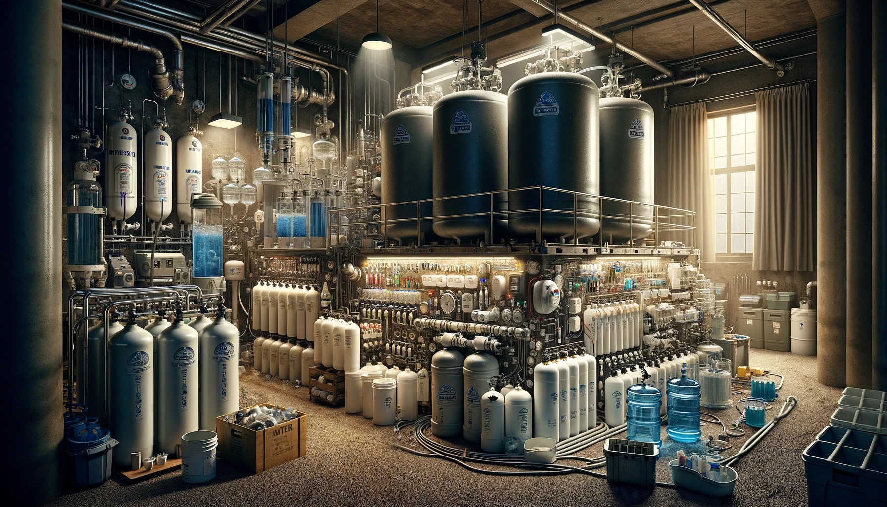 Detailed scene showcasing a comprehensive water storage and purification setup with large tanks, filtration systems, and various purification methods in a well-organized space, emphasizing the critical role of reliable, clean water supply in survival and preparedness
