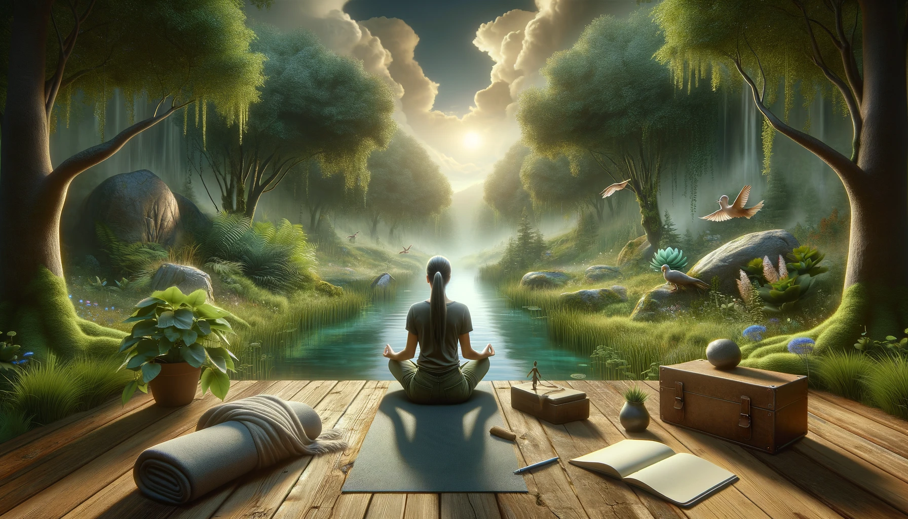 Captivating scene with an individual in a meditative pose surrounded by nature, engaging in deep breathing exercises for mental and emotional resilience, with symbolic elements like a calm body of water, lush greenery, a clear sky, and emotional support tools like journals, a comforting blanket, and a therapy dog, illustrating the importance of serenity, mindfulness, and emotional support in overall resilience