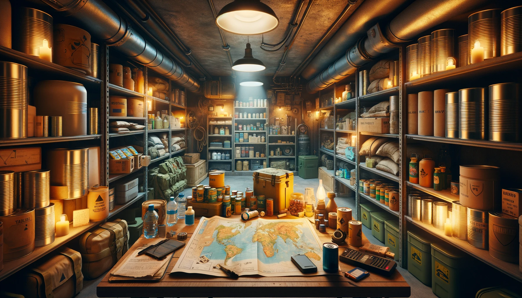 Well-organized underground doomsday prepper bunker showcasing a variety of survival essentials including canned foods, water purification systems, medical supplies, a map with routes, radios, batteries, and survival guides, all illuminated by warm ambient lighting for a secure atmosphere