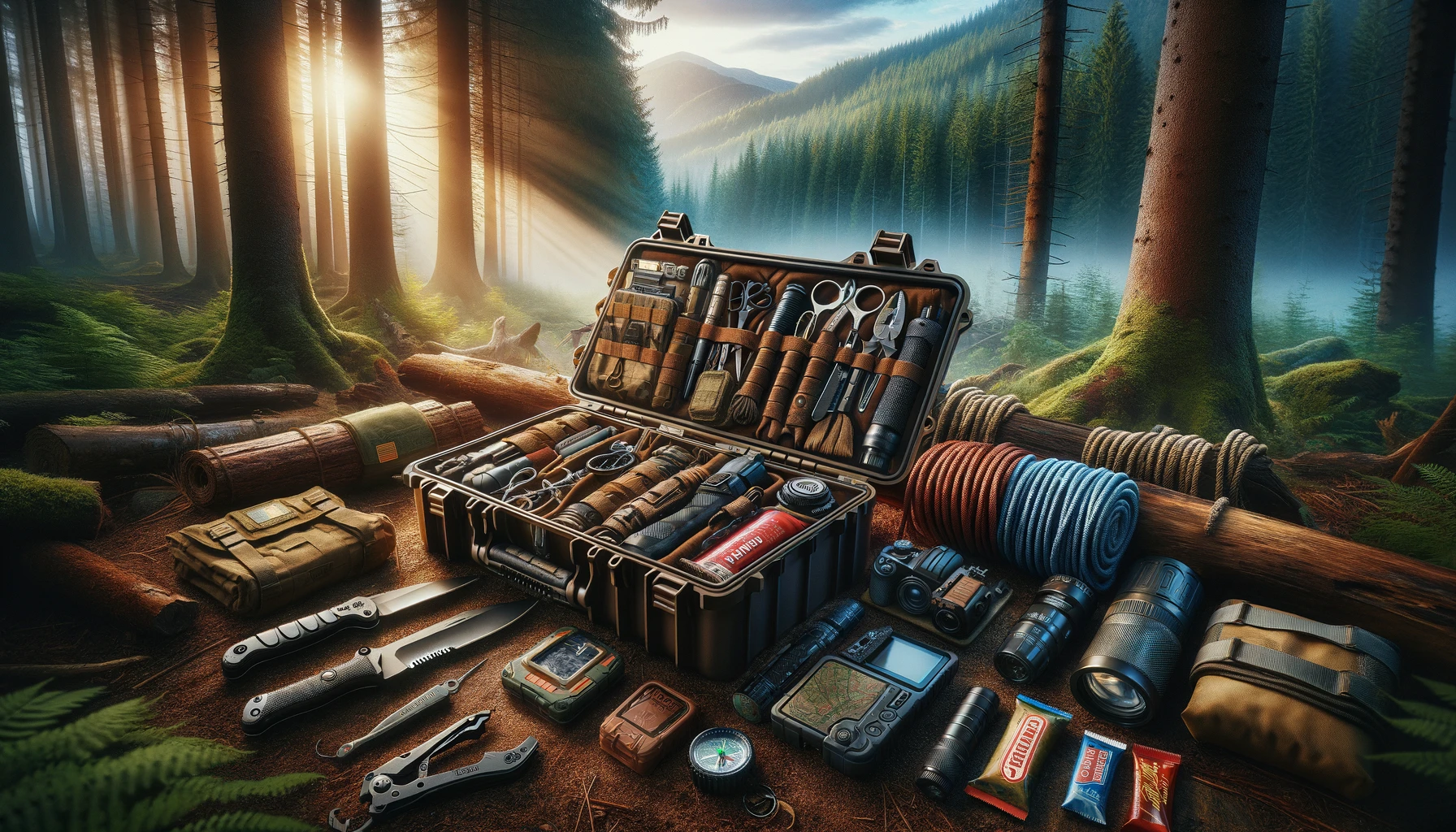 Detailed wilderness survival kit displayed on a forest floor, featuring essential items like a durable knife, multi-tool, compass, waterproof map, water filter, fire starter, first aid kit, rope, flashlight, and food bars, set against a dense forest and misty mountains, highlighting preparedness and self-reliance