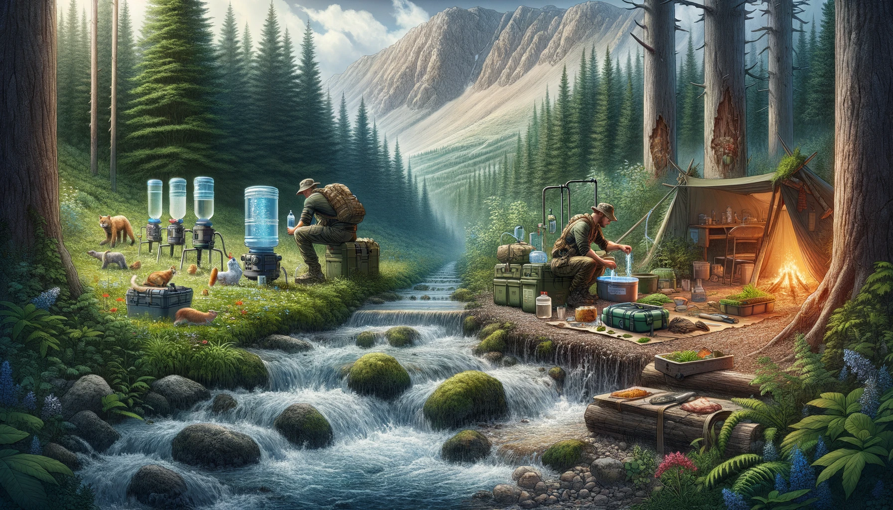 Instructional scene on water purification and food procurement in the wilderness, featuring an individual using a portable filtration system by a stream and another foraging and setting traps, set against a backdrop of dense forest and mountains, highlighting essential survival skills