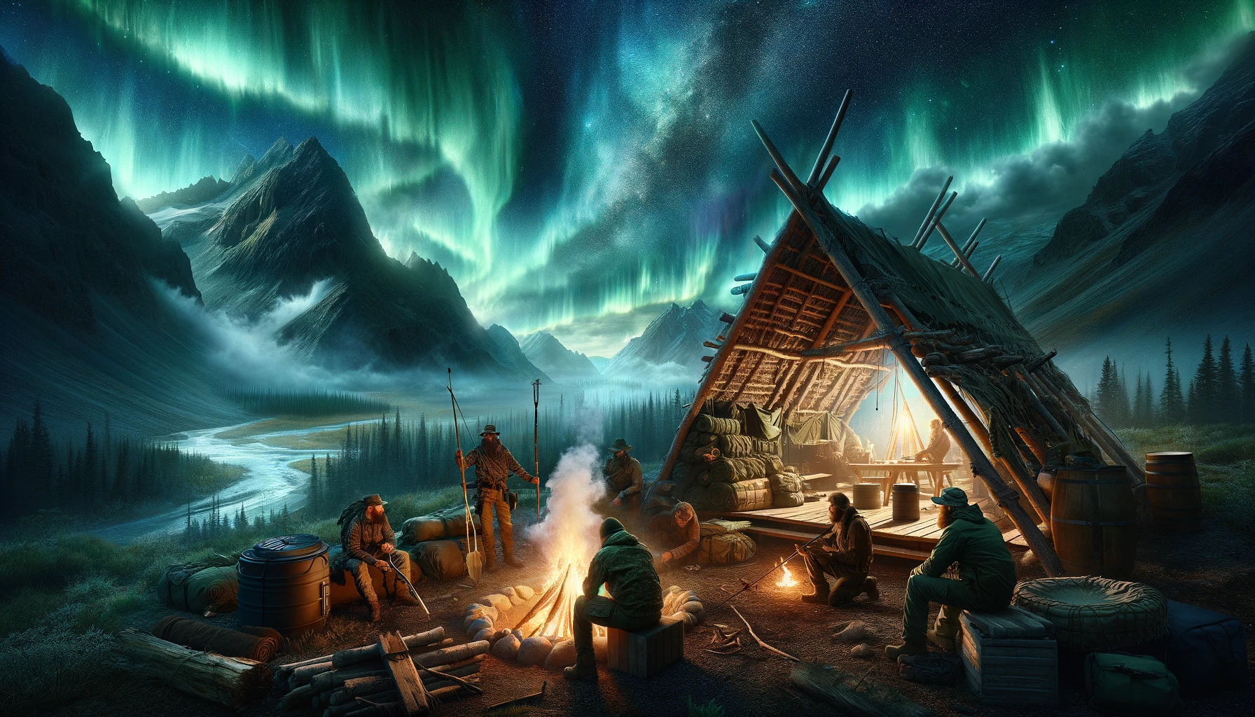 Dramatic wilderness survival scene with preppers around a large shelter and fire pit, demonstrating skills like water purification and hunting with a bow, set against a mountainous landscape under a starry sky with the aurora borealis, embodying unity, skill, and resilience.
