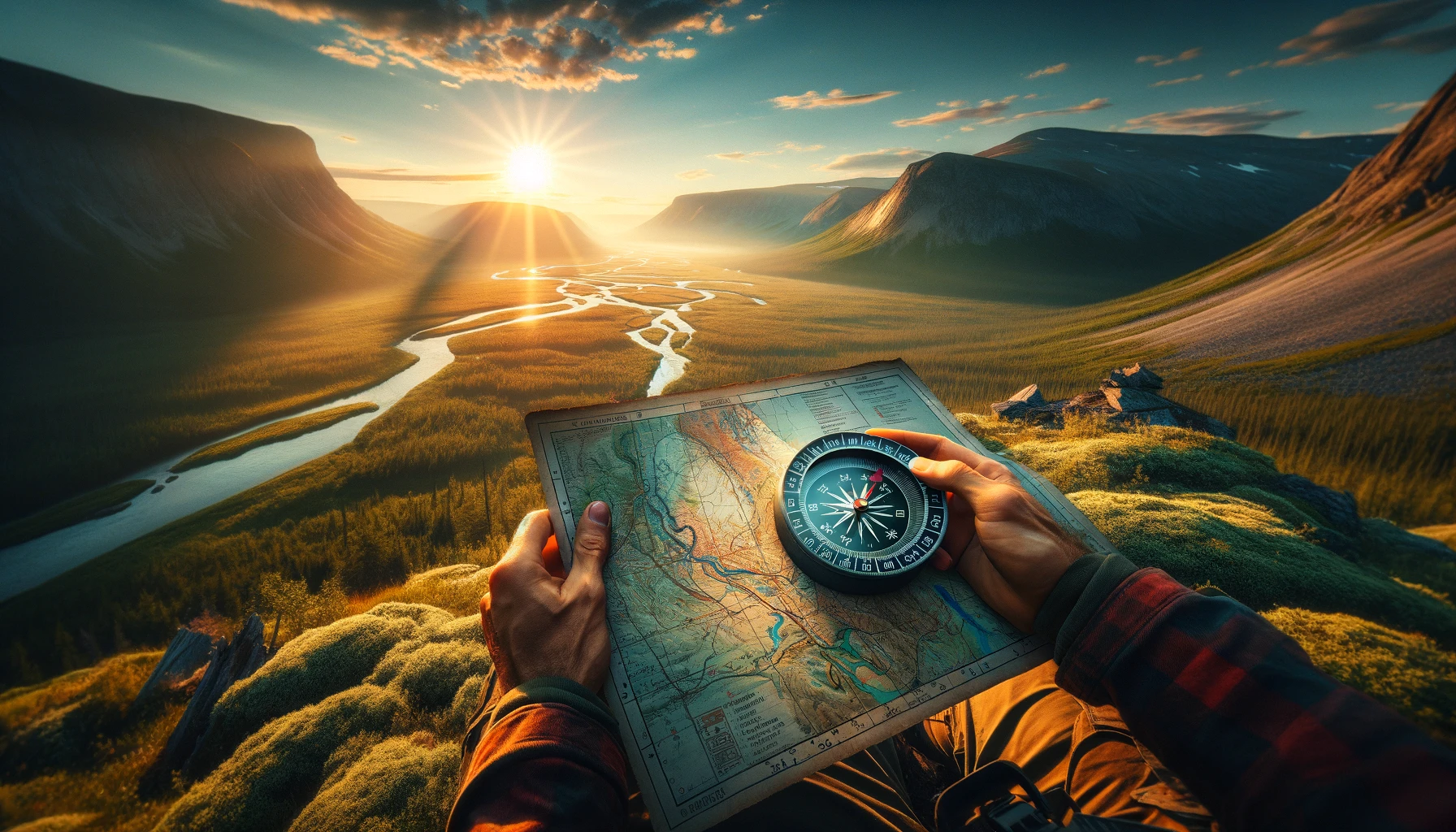 Dramatic survival scene depicting essential navigation skills, with a person in wilderness using a compass and map during golden hour, surrounded by natural landmarks like mountains, a river, and forests, highlighting the importance of orienting and exploration skills