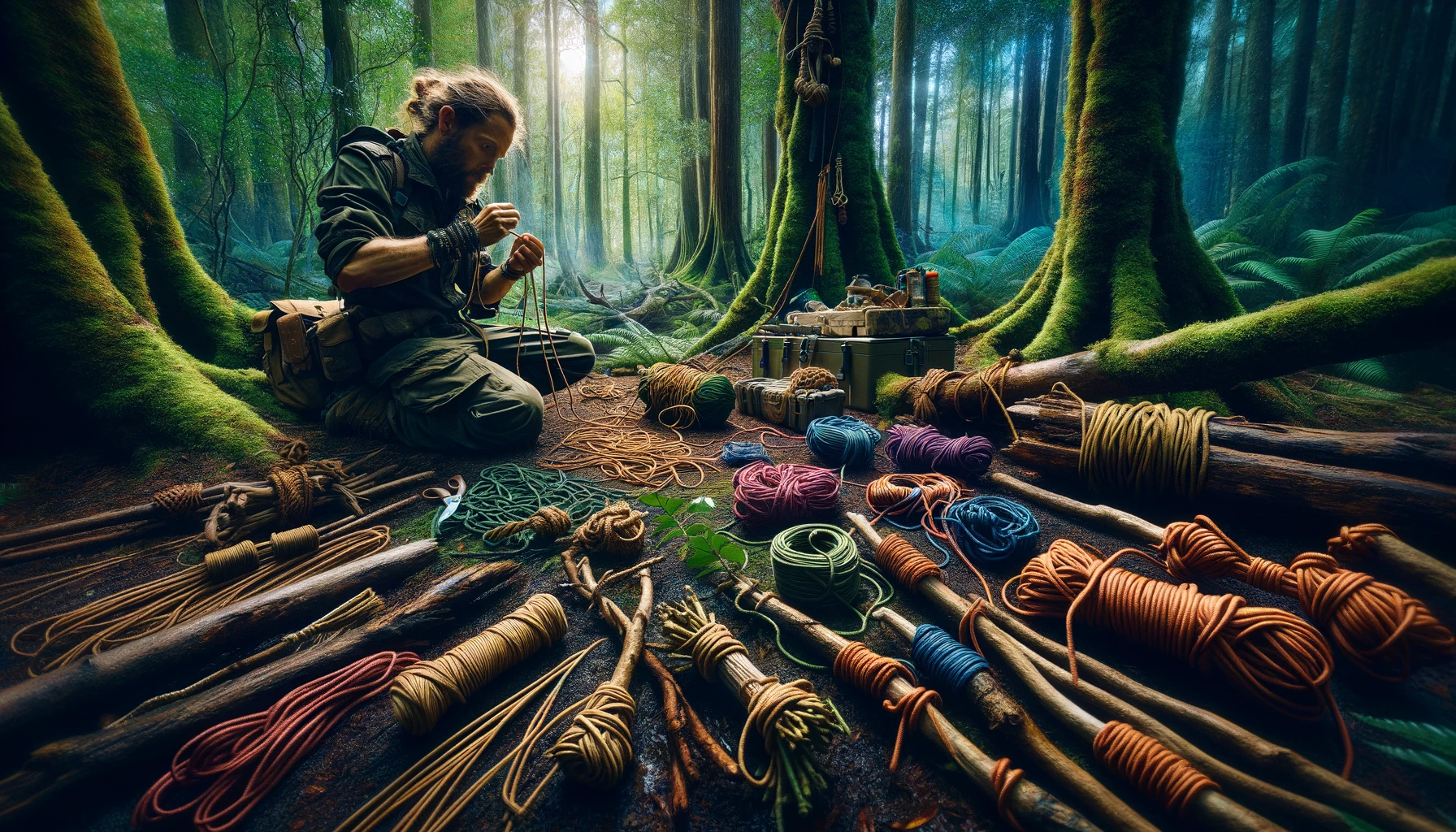 Detailed survival scene demonstrating crafting and using cordage and knots, with a person making cordage from natural fibers and showcasing various practical knots on branches and tools, set in a vibrant forest clearing, highlighting self-reliance and essential survival techniques