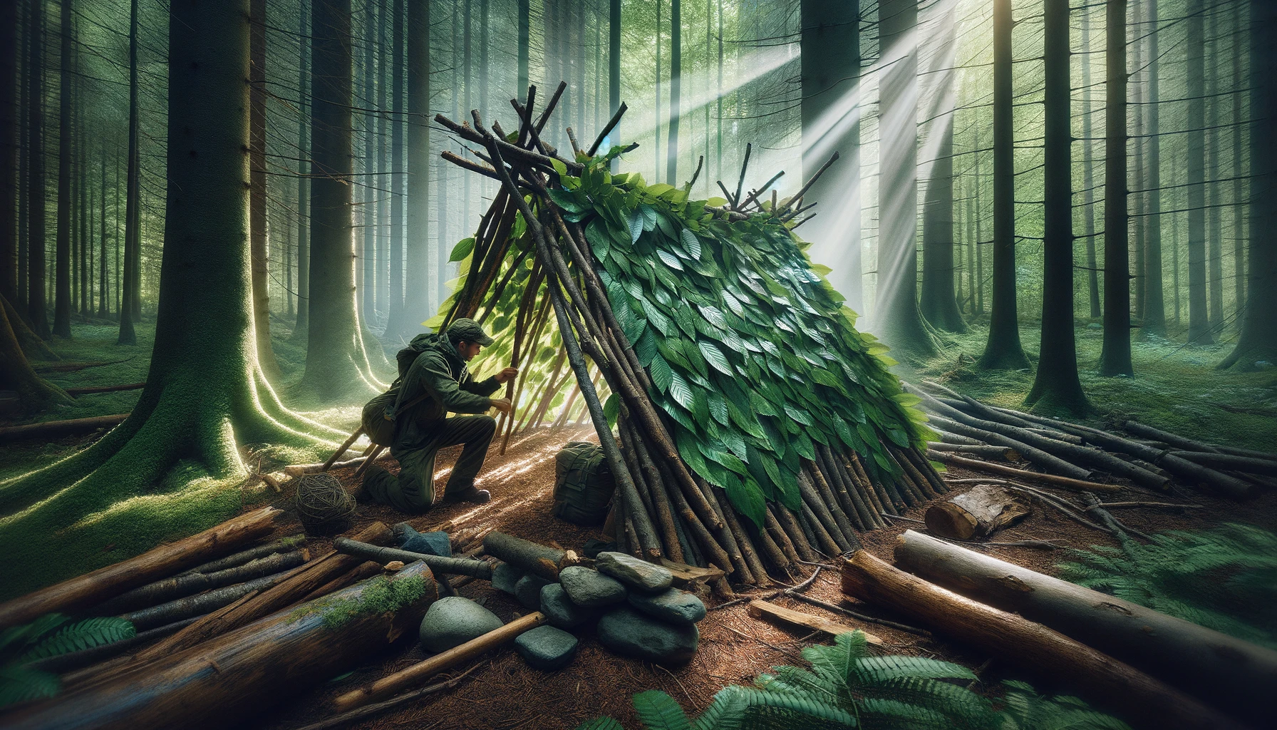 Instructive scene of building an effective bushcraft shelter in the forest, showing a person constructing a lean-to with branches and leaves for insulation, surrounded by handmade tools, under a canopy with rays of light, emphasizing survival skills and ingenuity in wilderness shelter creation