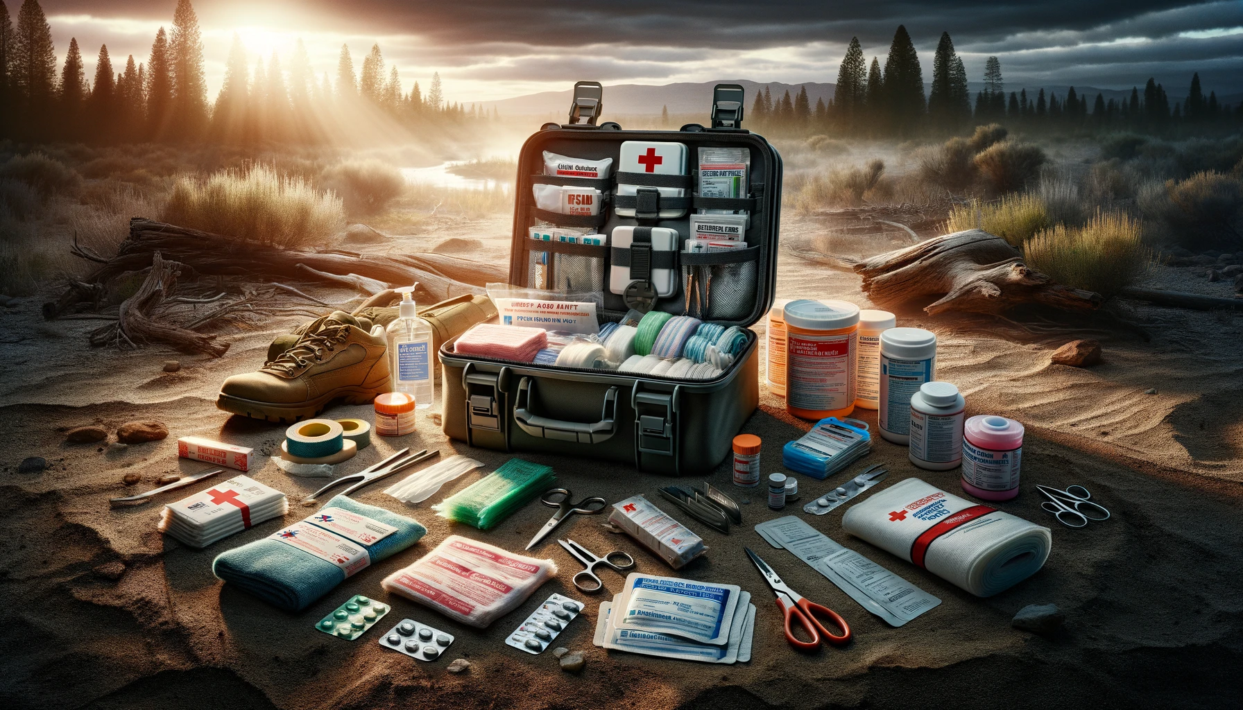 Compelling image of an open first aid kit with essential supplies neatly displayed, including bandages, antiseptic wipes, and emergency medications, set against a wild outdoor backdrop, highlighting the importance of first aid preparedness in survival situations