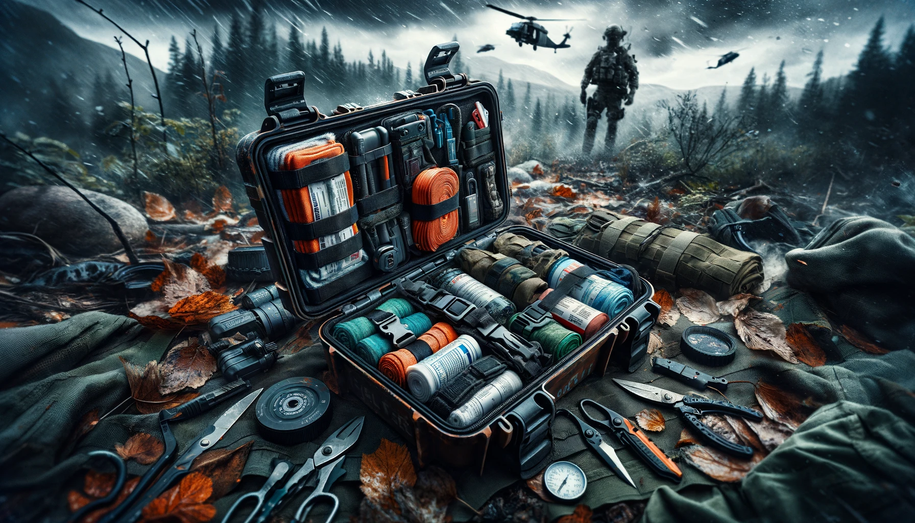 Dramatic depiction of a tactical trauma kit essentials laid out on wilderness terrain, including quick-clot bandages, chest seals, and a compact defibrillator, set against a backdrop of stormy skies and blurred motion, highlighting the urgency and importance of being prepared with specialized emergency supplies for severe injuries in survival situations