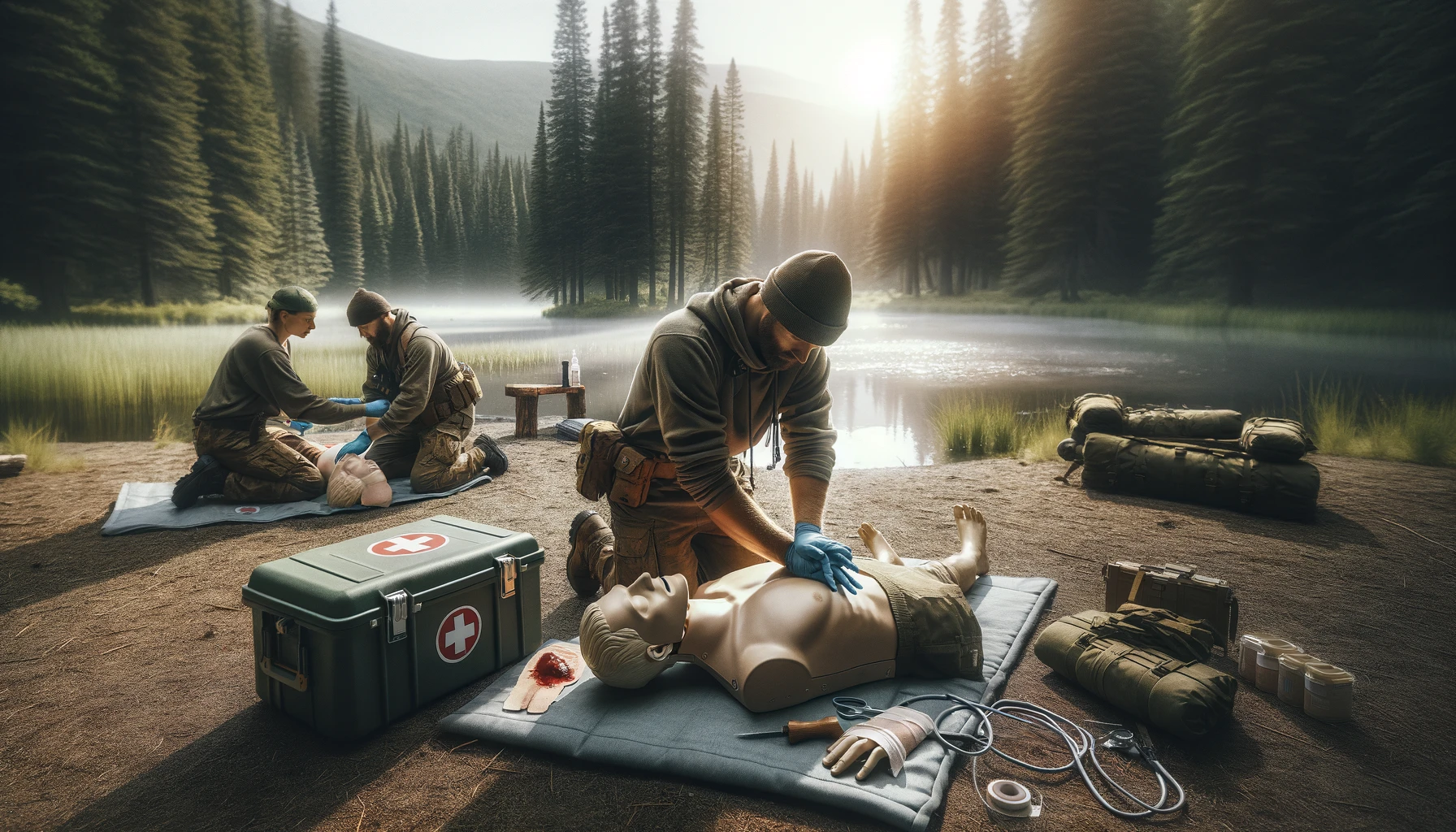 Educational emergency first aid workshop in wilderness with CPR demonstration on mannequin, bandaging, and wound care, set in a serene forest clearing for preppers