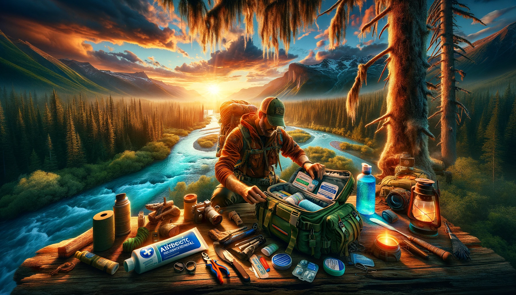 Rugged individual packing survival gear including water purifier, fire starter, and antibiotic ointment in a backpack, at dusk in a wild forest with a flowing river, symbolizing adventure and preparedness for wilderness exploration