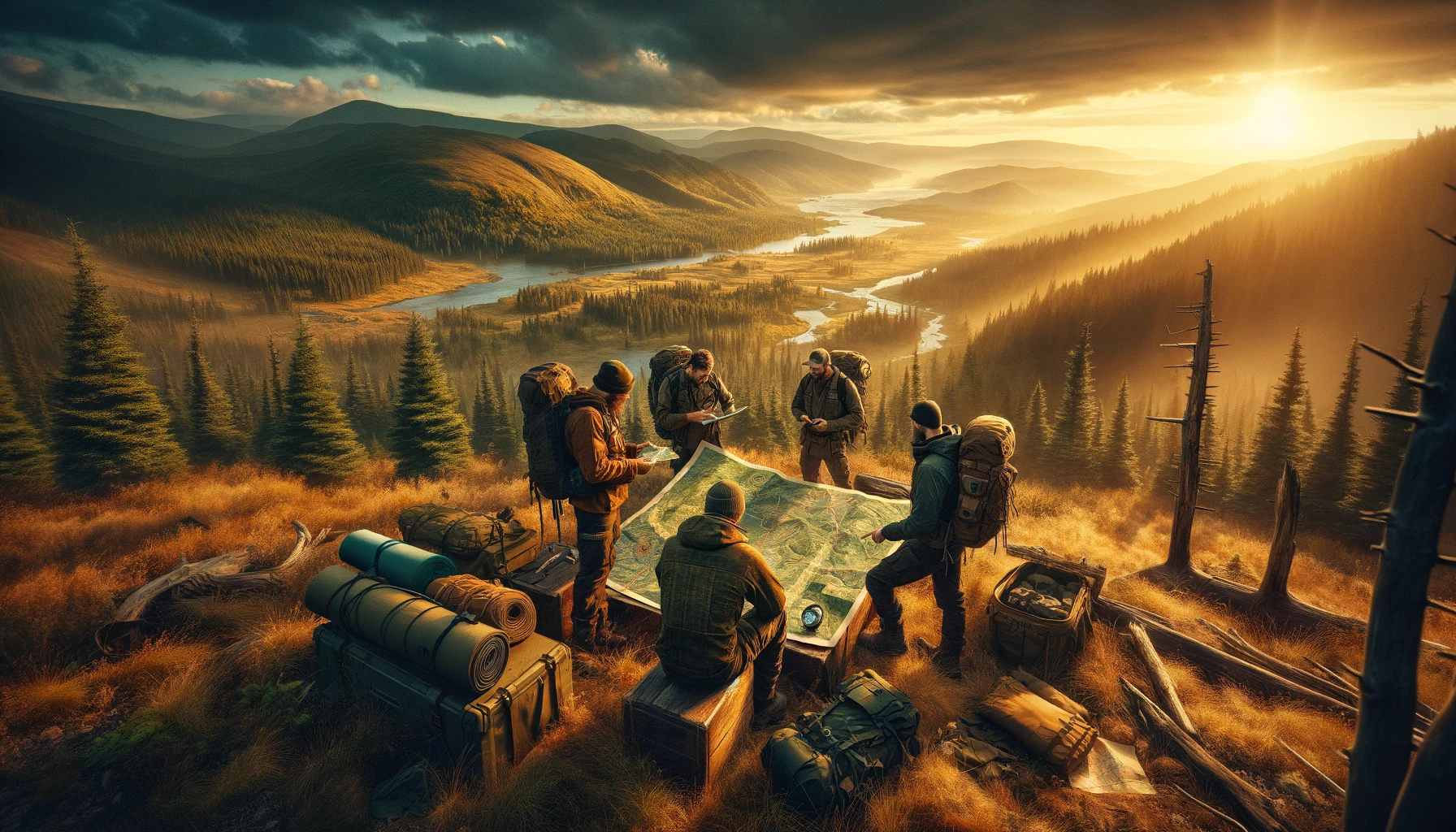 Survivors with backpacks and survival gear examining a map and discussing shelter locations at golden hour in diverse wilderness, highlighting strategic planning and the importance of terrain in survival shelter placement
