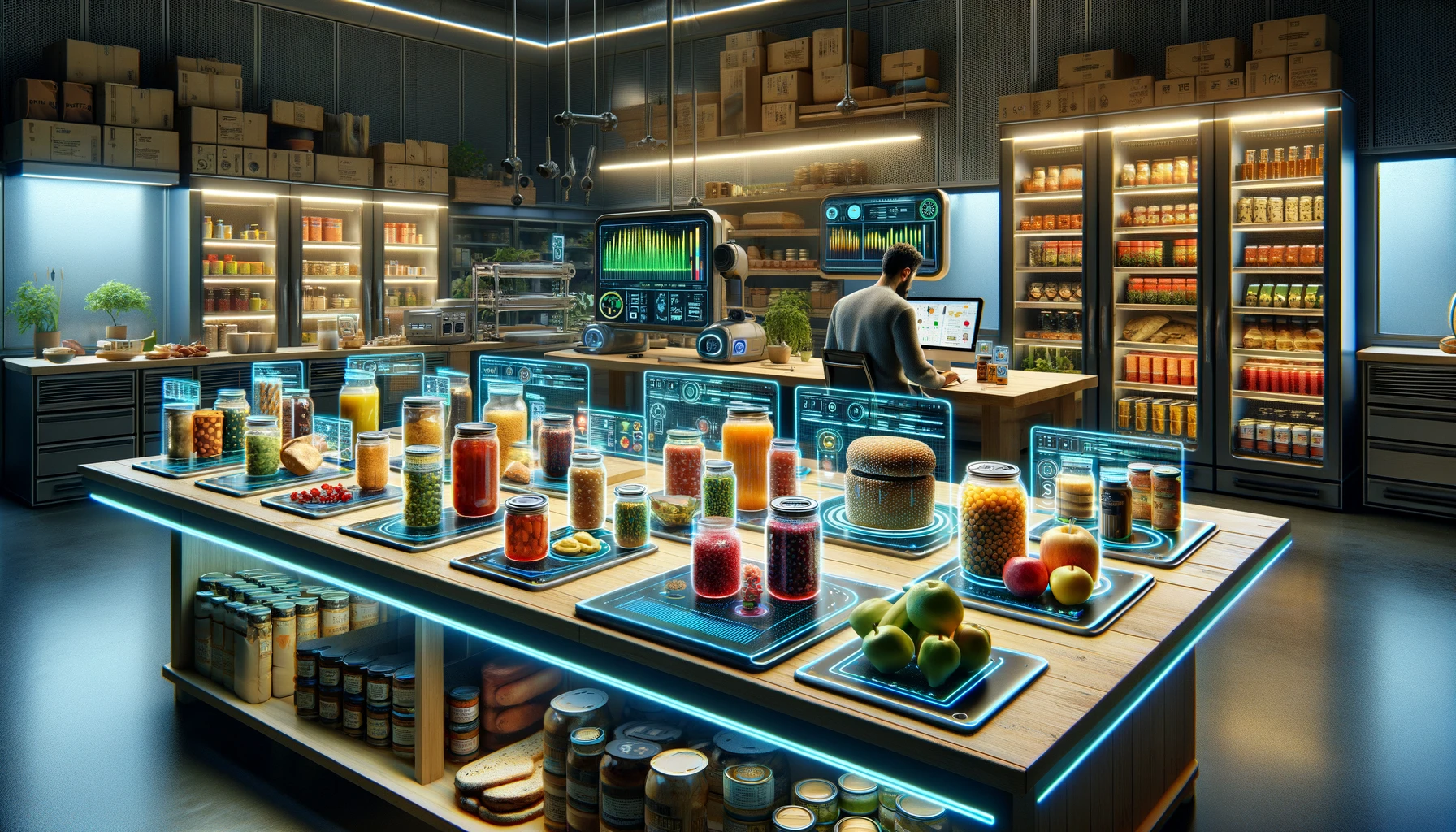 Ultra-modern kitchen with a high-tech interactive display table examining stored food items for spoilage, highlighted by smart sensors indicating spoilage signs. Background features advanced food preservation technology, emphasizing a commitment to food safety, waste prevention, and sustainability
