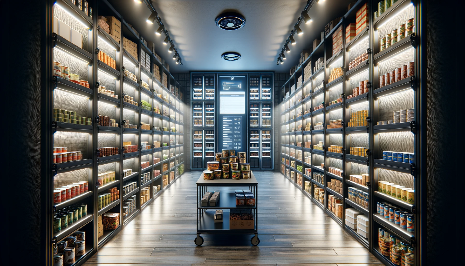 Large modern pantry room with floor-to-ceiling shelves organized with canned goods and freeze-dried food packets, featuring clear labeling, LED spotlights, and a central aisle for easy navigation, complemented by a smart inventory system on a digital screen, embodying efficiency and accessibility for preppers