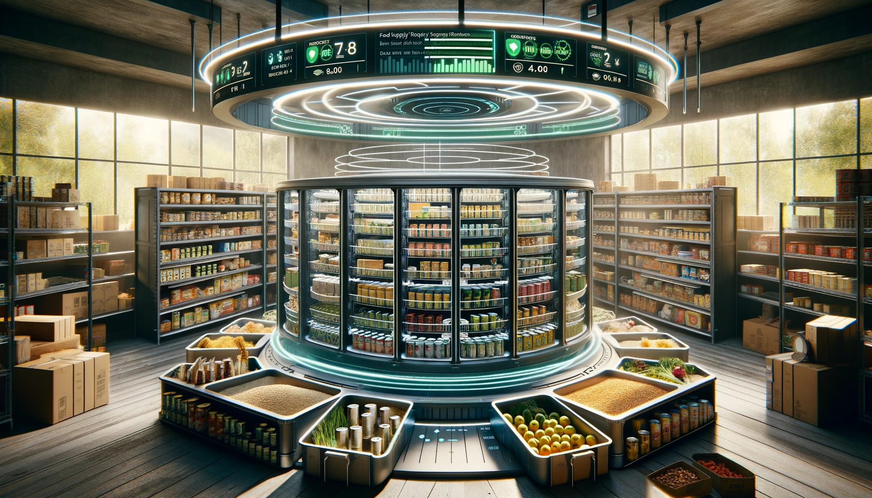 Spacious, modern pantry with an automated food rotation system implementing FIFO, showcasing neatly organized and labeled canned goods, bulk grains, and freeze-dried foods, complemented by digital displays for purchase and expiration dates, highlighting high-tech efficiency and preparedness for sustainable food supply management