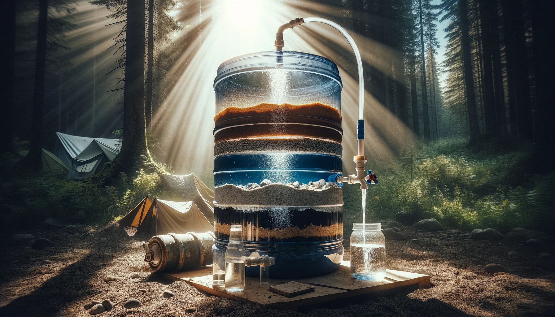 Innovative DIY water filtration system with a transparent barrel, manual pump, and natural materials, set in a lush survival camp, highlighted by sunlight filtering through the forest, epitomizing adventure and self-reliance