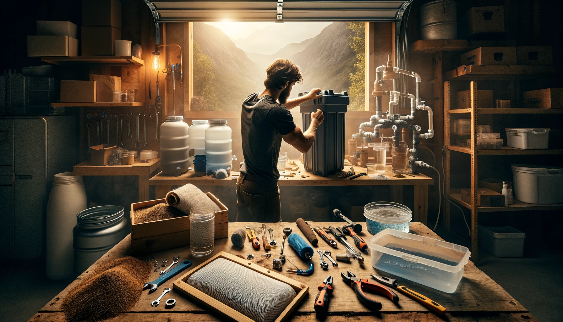Dynamic scene of assembling a DIY water filtration system in a garage workshop, with tools, parts, and natural filtration materials on a wooden workbench, under warm lighting, blending craftsmanship with survival preparedness