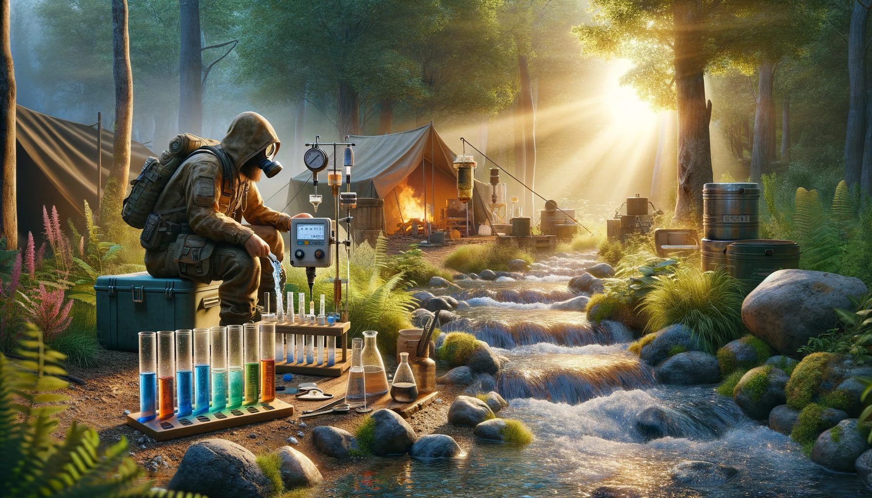 Prepper testing water quality with a portable kit beside a clear stream in a forest, near a DIY filtration system, with a campsite in the background, highlighting a blend of technology and nature for sustainable living and water maintenance