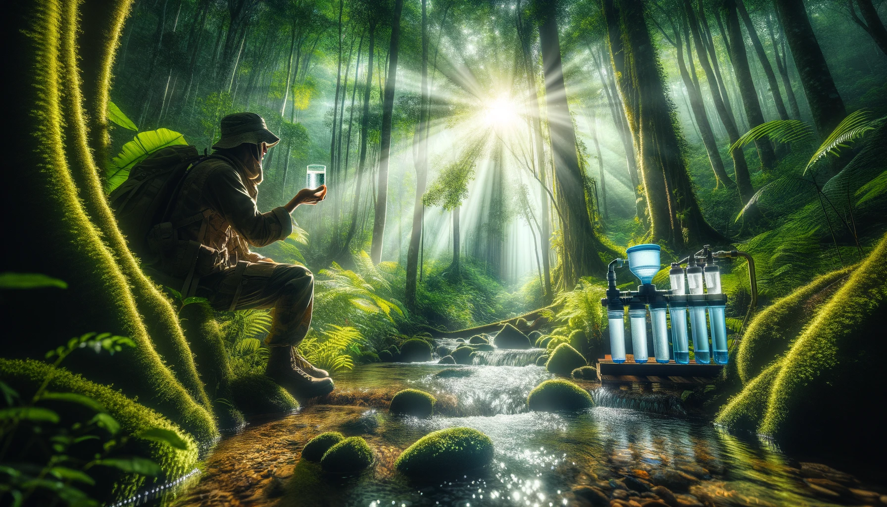Person in survival gear holding up a glass of clear water to the sunlight in a lush forest, with a DIY filtration system in the background, symbolizing the achievement of securing safe drinking water through self-reliance and ingenuity