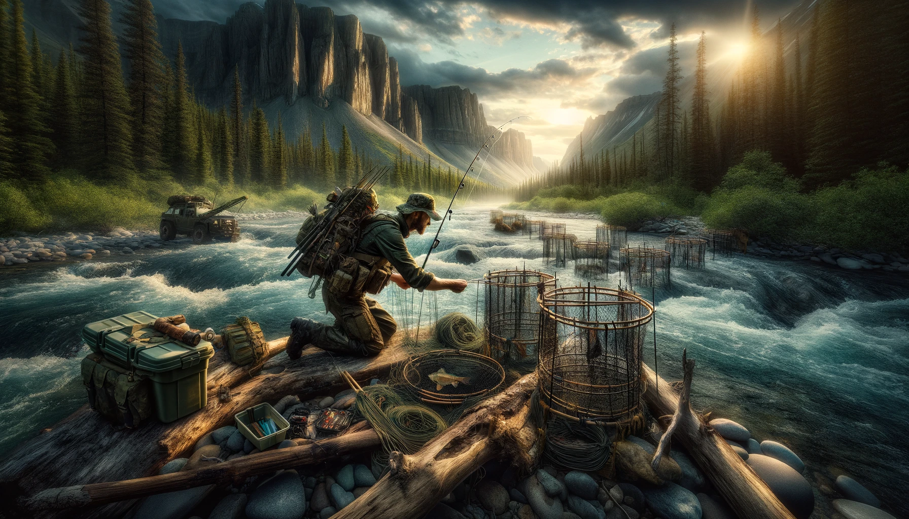 Survivor setting up advanced fish traps in a turbulent river, using natural materials and demonstrating skill in survival fishing techniques against a backdrop of steep cliffs and dense forests at sunset, embodying resilience and innovation