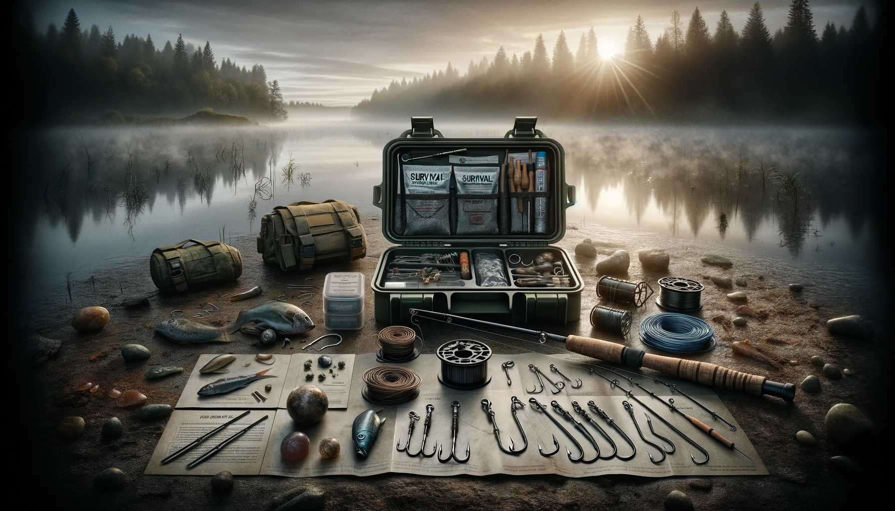 Survival fishing kit essentials displayed on a rugged terrain by a serene lakeside at dawn, including hooks, sinkers, fishing line, disassemblable rod, baits, and a survival fishing techniques booklet, emphasizing preparedness and self-sufficiency