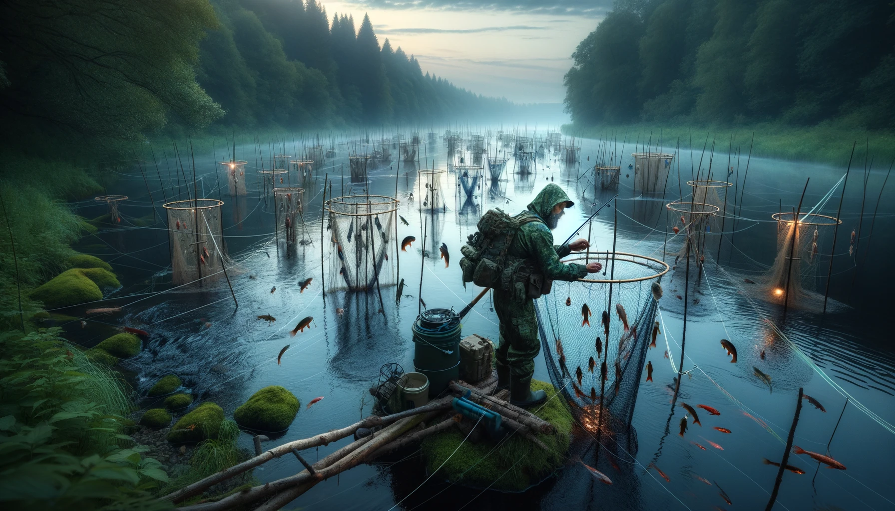 Prepper setting up a network of fishing nets and lines in a tranquil river at twilight, utilizing passive fishing strategies within a lush riverside forest, showcasing ingenuity and harmony with the natural environment for survival