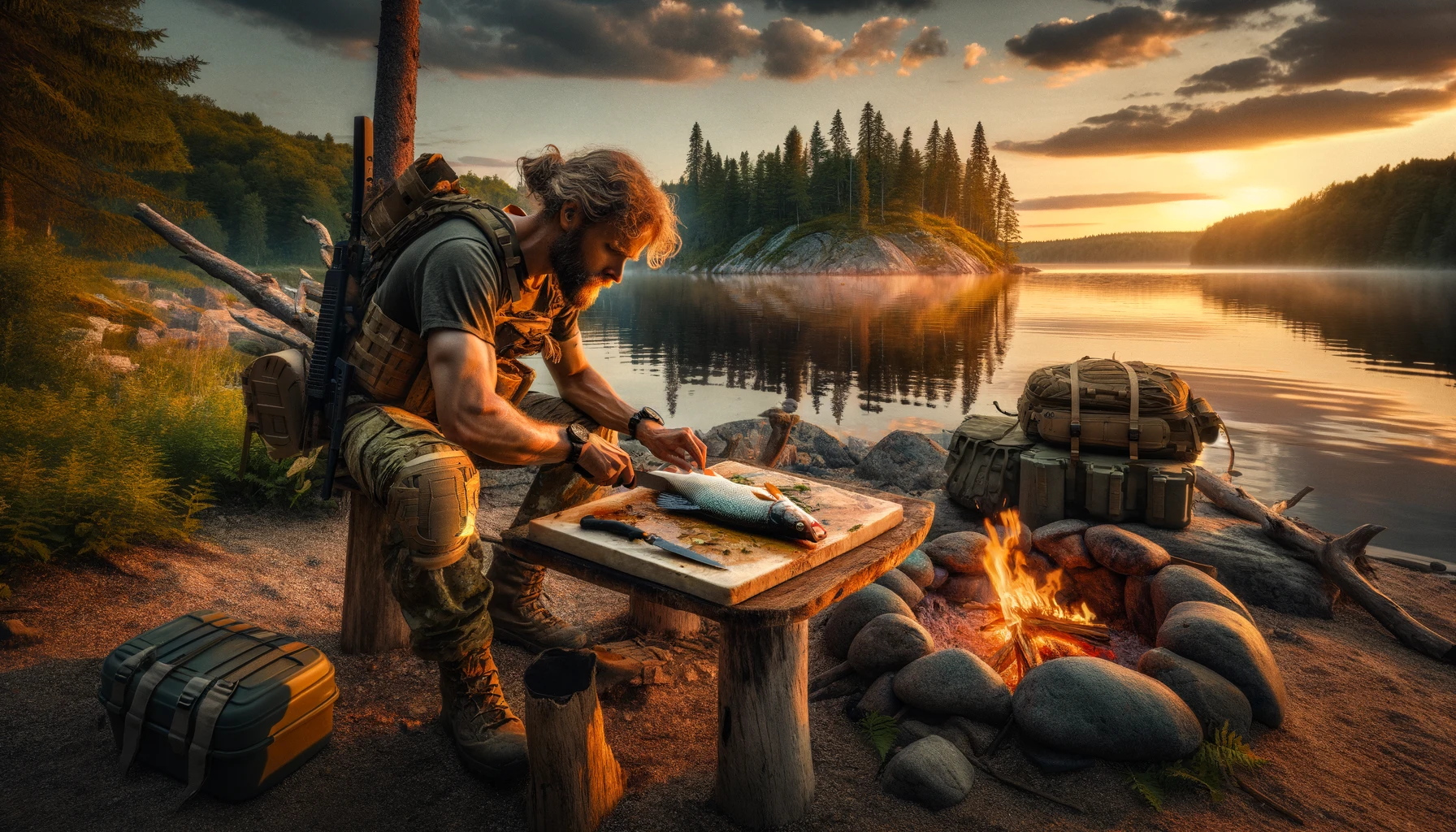 Prepper preparing and cooking a freshly caught fish by a serene lakeside at sunset, using a fire pit and flat stone, showcasing survival skills and the primal connection with nature, in a peaceful yet adventurous wilderness setting