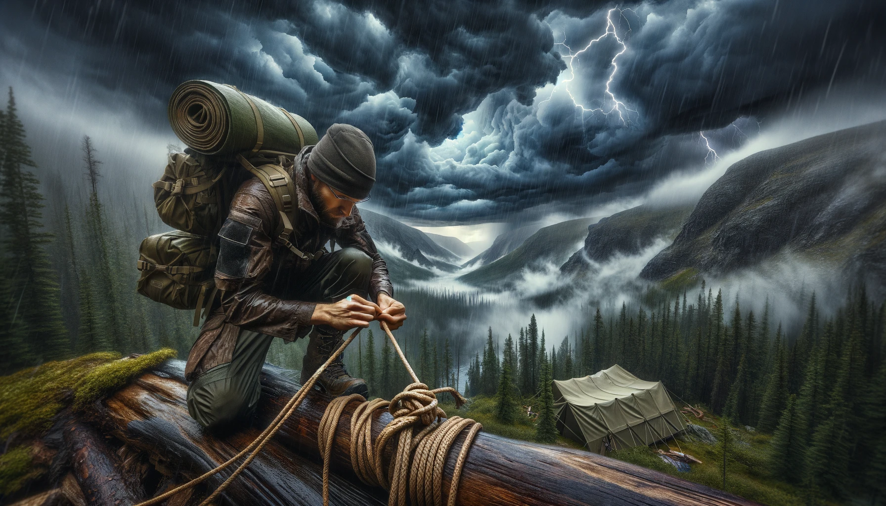 Prepper securing tarp with bowline knot in stormy mountainous wilderness, showcasing survival skills during a thunderstorm, highlighting knot's importance in survival gear preparation