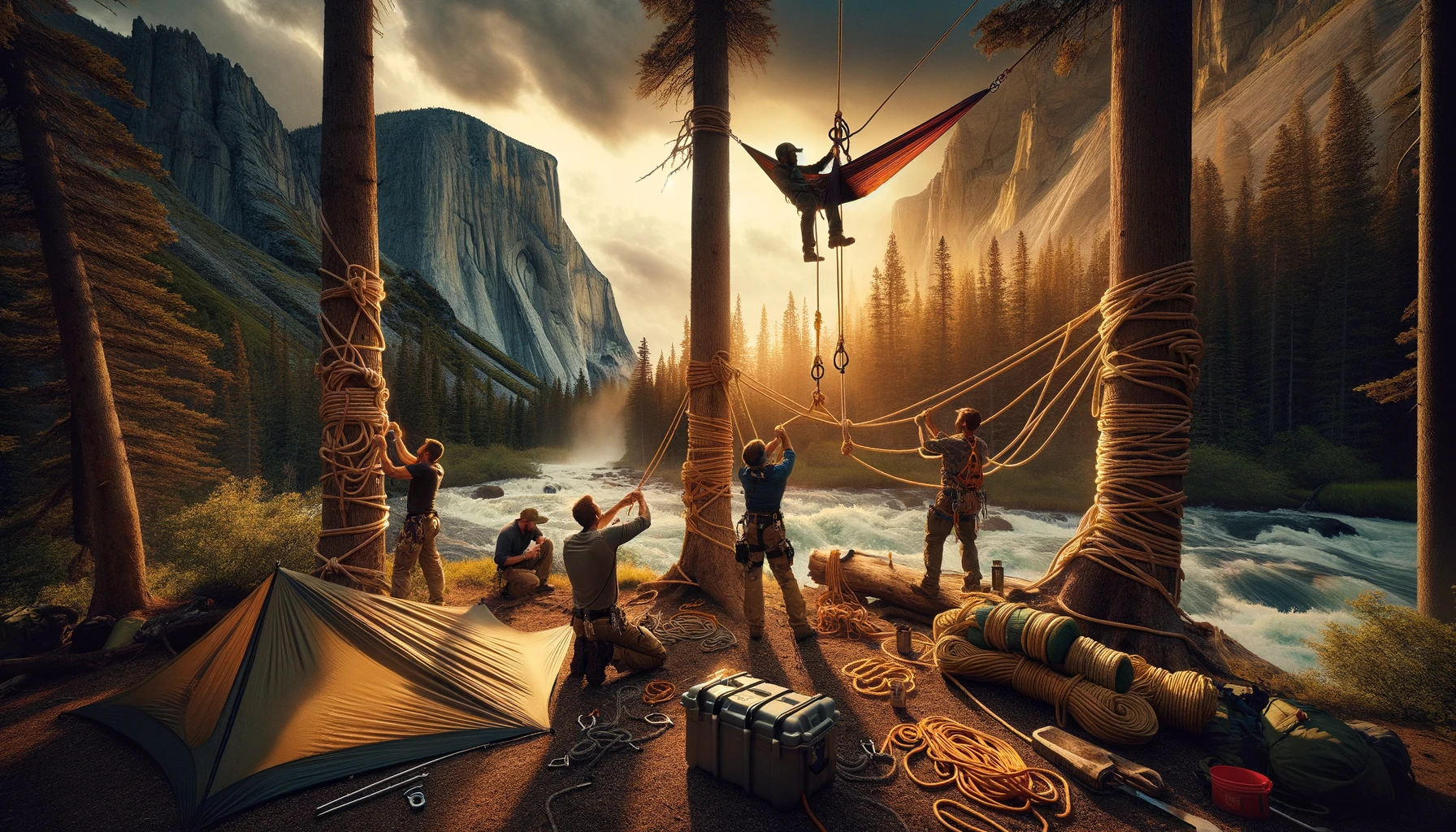 Preppers using various rope knots to set up camp in wilderness with hammock, extended tarp, and climbing gear, showcasing knot versatility against a backdrop of forests, cliffs, and river