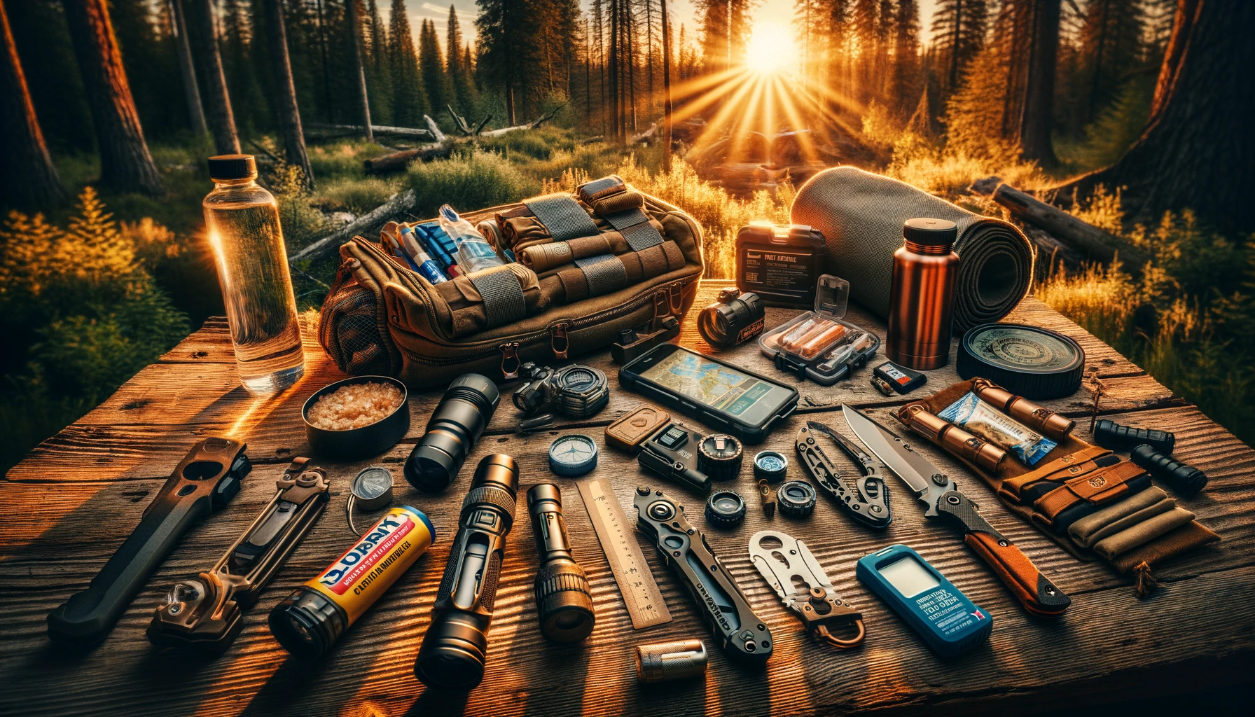Essential survival gear for a prepper's Get Home Bag, including a water purifier, first aid kit, folding knife, flashlight, energy bars, cooking pot, fire starter, compass, and map, meticulously arranged on a rustic wooden table in the wilderness at golden hour, highlighting the importance of preparedness with a warm, inviting glow