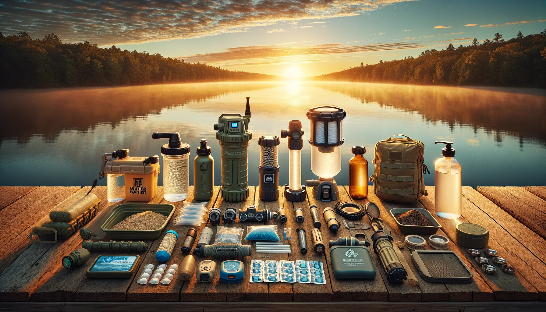 Water survival essentials displayed on a wooden dock extending into a serene lake at sunrise, including a portable water filter, UV purifier pen, chemical tablets, collapsible and stainless steel bottles, and a sand-charcoal filter setup. The golden sunrise illuminates the critical survival gear, symbolizing hope and the importance of securing clean drinking water. The peaceful lake backdrop contrasts with the vital preparedness tools, emphasizing the necessity of water purification and storage for survival in any environment
