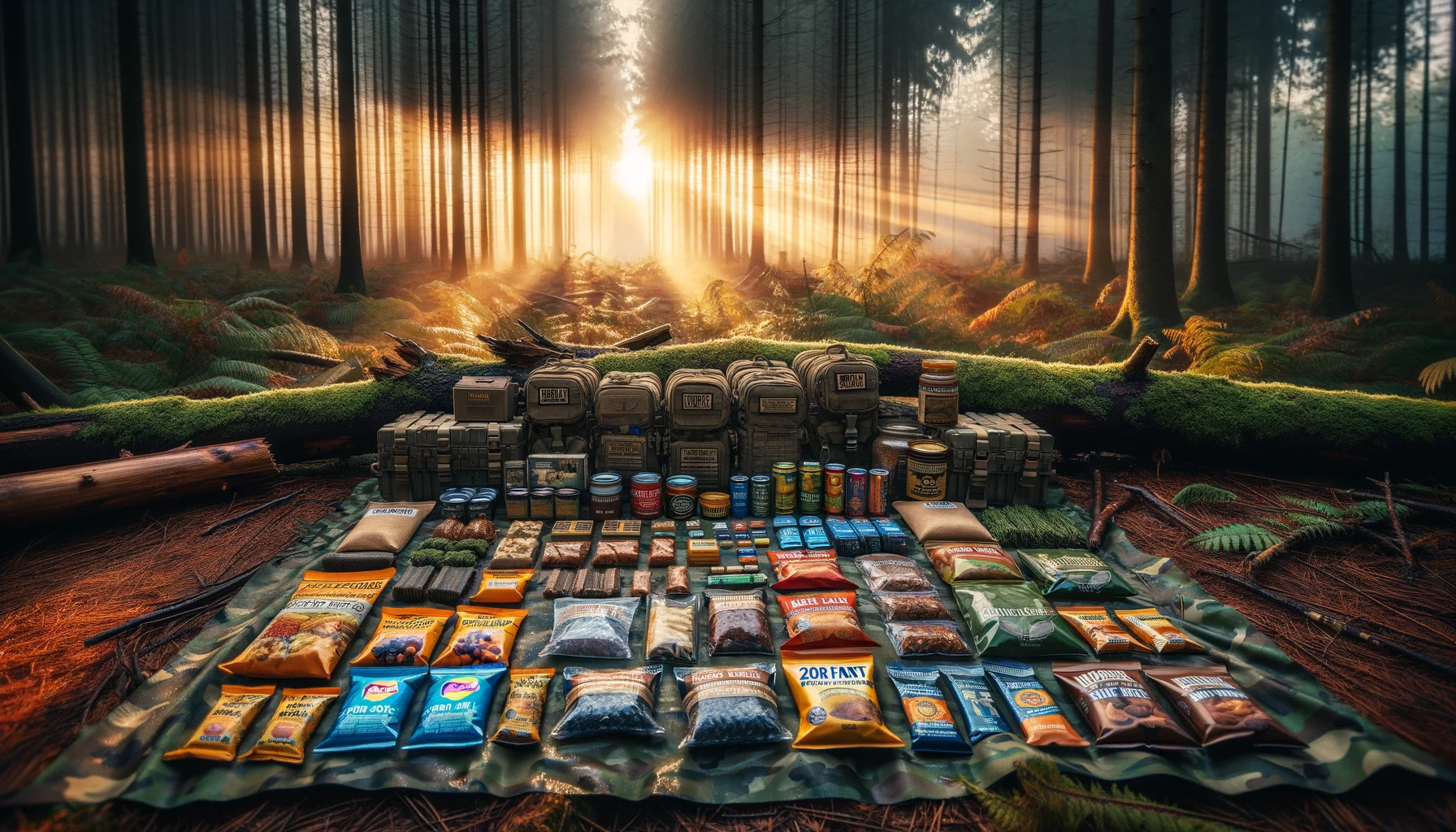 Essential food and water rations for 72-hour survival displayed on a camouflaged tarp in a forest clearing at dawn, including high-calorie meal packs, energy bars, dried fruits, nuts, emergency water packets, and portable filters. The early morning light casts a warm glow over the items, emphasizing their importance for sustaining life in survival situations. The serene yet urgent setting in the dense forest symbolizes isolation and challenges, while the dawn signifies hope, underscoring the critical need for proper preparation with food and water supplies for wilderness survival