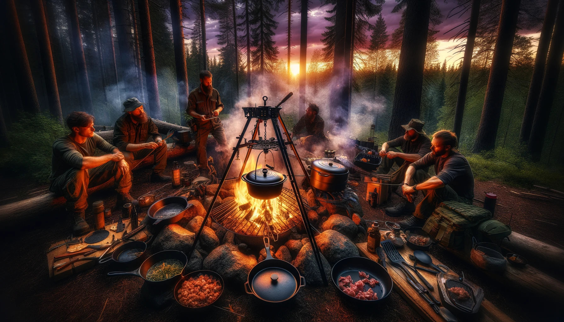Preppers mastering campfire cooking essentials in a dense forest at dusk, with a detailed setup including a tripod grill, cast iron skillet, and Dutch oven over a roaring fire, surrounded by a community engaged in culinary preparations