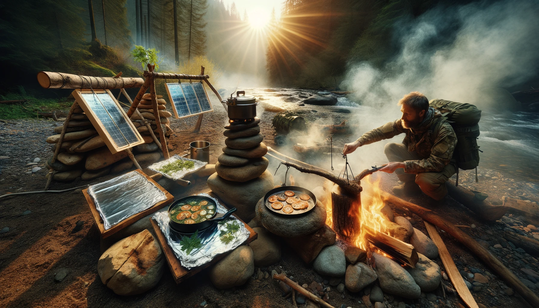 Innovative survival campfire cooking methods displayed in the wilderness, featuring a reflector oven, solar cooker, and a hand-crafted wood stove, with preppers employing a rock slab griddle and a makeshift smoker against a backdrop of a lush forest and stream at sunset