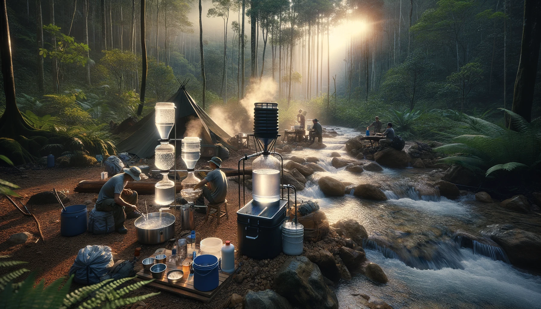 Advanced survival cooking with limited resources by a crystal-clear stream, featuring a solar still for water distillation, solar water heating for sterilization, and a gravity-fed water filtration system, set in a vibrant forest at dawn highlighting resourcefulness
